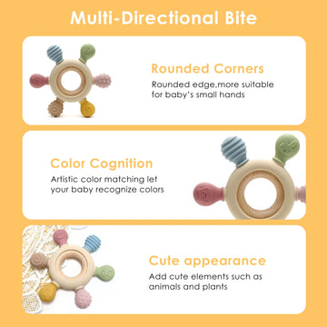[Babybite] Baby Teething Toys Silicone And Beechwood Baby Teether Ring For Sensory And Developmental Play For Baby And Toddler 1