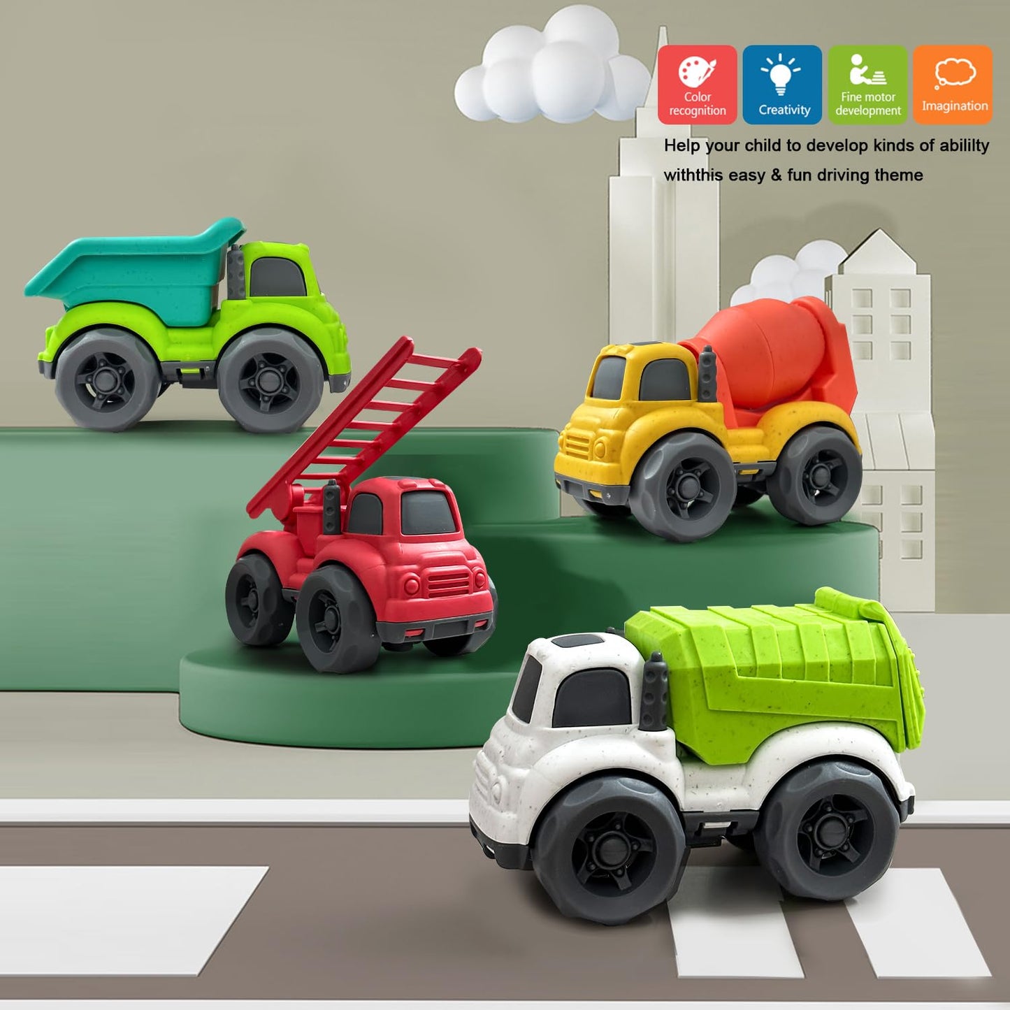 Toddler Car Toys for 1-3 Year Old, 4 Pcs Dump Truck Toys and Mixer Cement,BPA Free Outdoor Toys for Toddlers,Christmas Birthday