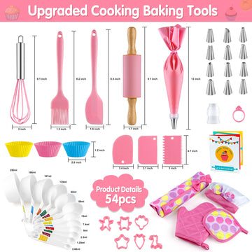 INNOCHEER Kids Baking and Cooking Set for Girls, 54PCS Chef Costume Set with Kids Apron, Chef Hat, All Real Cooking Tools and Ba