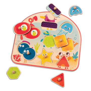 B. Toys- Sea Treasures- Wooden Peg Puzzle – Sea Animals Puzzle – Ocean Peg Puzzle For Toddlers, Kids – 8 Chunky Pieces – 18 Months +