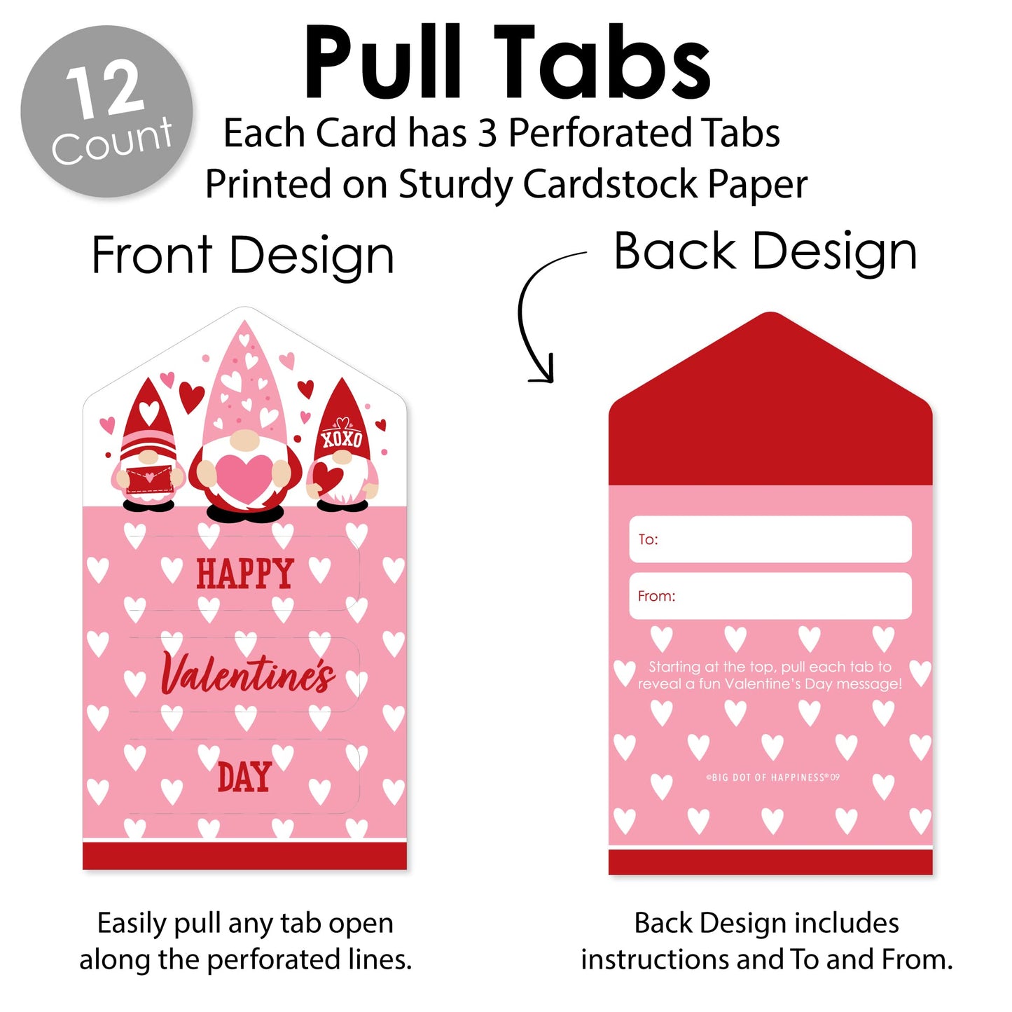 Big Dot Of Happiness Valentine Gnomes - Valentines Day Cards For Kids - Happy Valentines Day Pull Tabs - Set Of 12