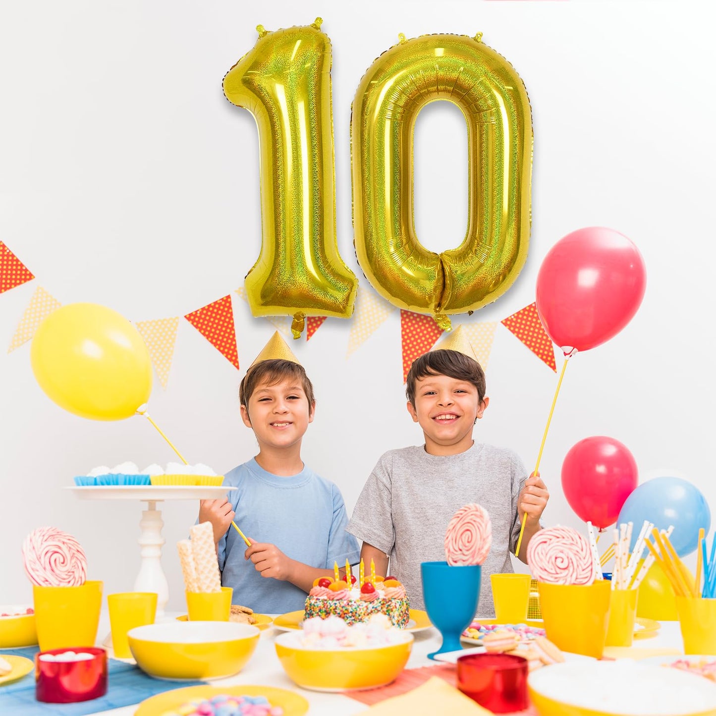10Th Birthday Balloons For Boys, Large Laser Gold Foil Number 10 Balloons, 40'' Self Inflating Helium Balloons Anniversary Party