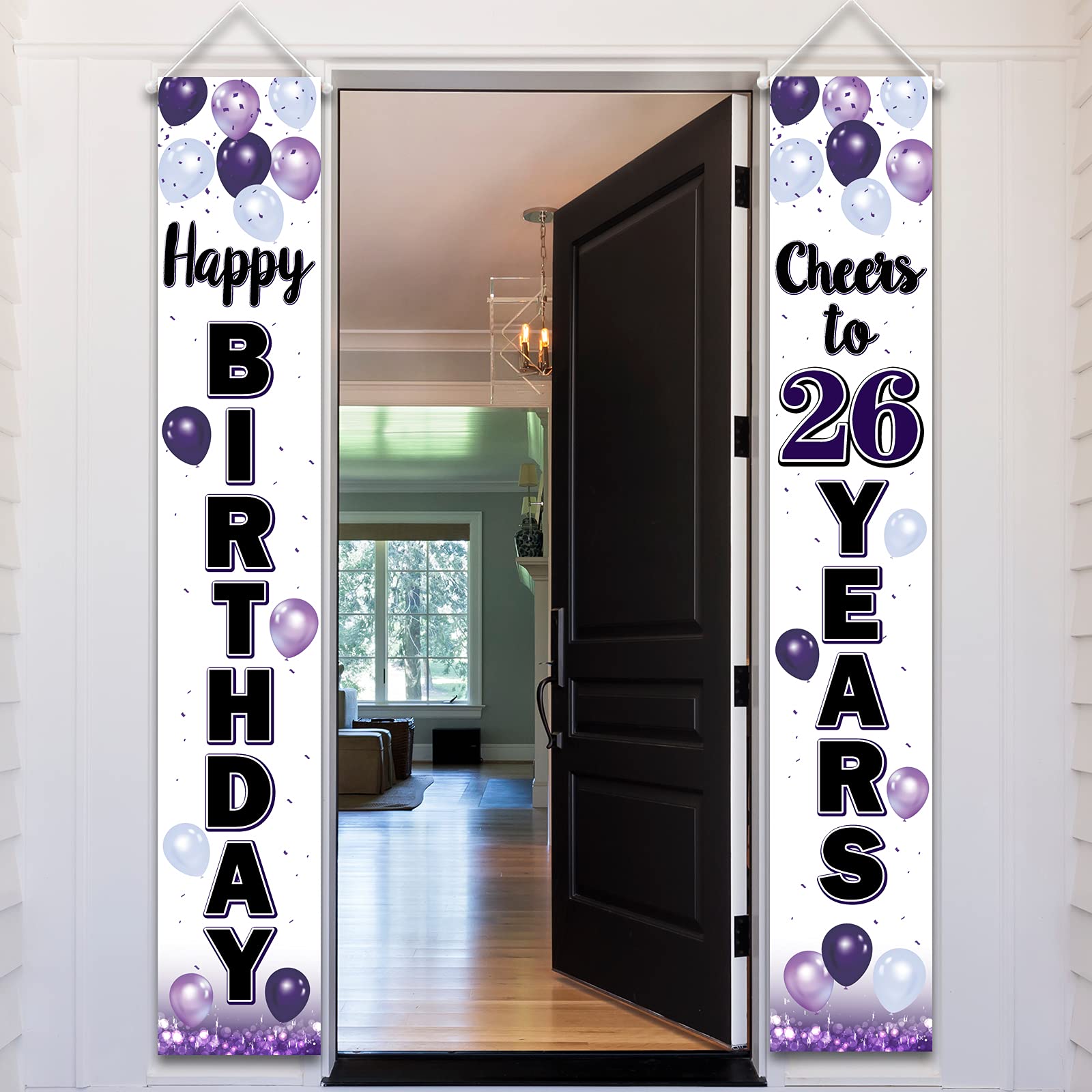 LASKYER Happy 26th Birthday Decorations,26th Purple Balloon Birthday Theme Door Hanging Banner Sign,26 Years Old Bday Party Supp