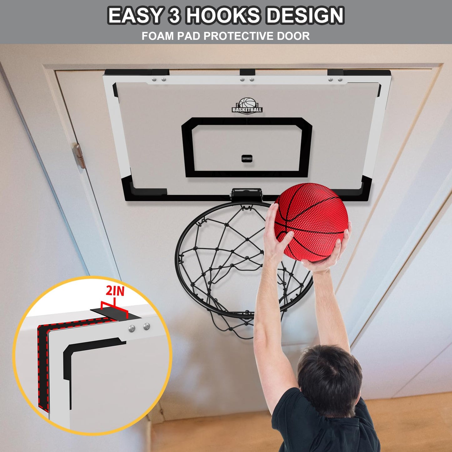 Hyes 24'' X 16'' Large Basketball Hoop Indoor For Adults, Over The Door Basketball Hoop With Sturdy Backboard, Big Basketball To