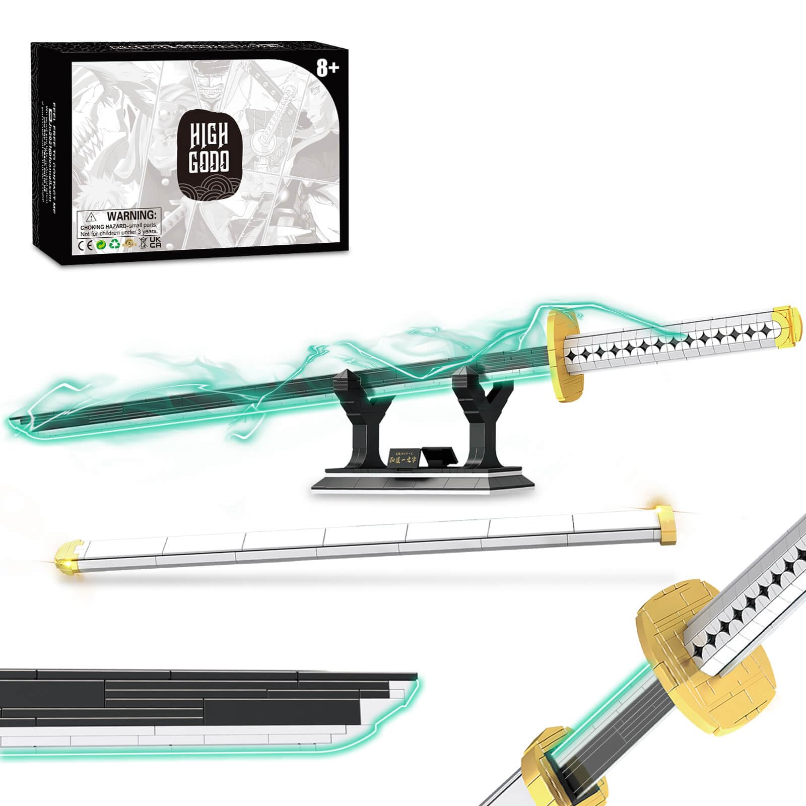 HIGH GODO Anime Cosplay decorative replica blades Building Set  806 Piece One White Ichimonji Yamato decorative replica blade  39IN Roronoa Zoro Katana with Scabbard and Bracket for mature-themeds and Kid 8+ (Luminous)