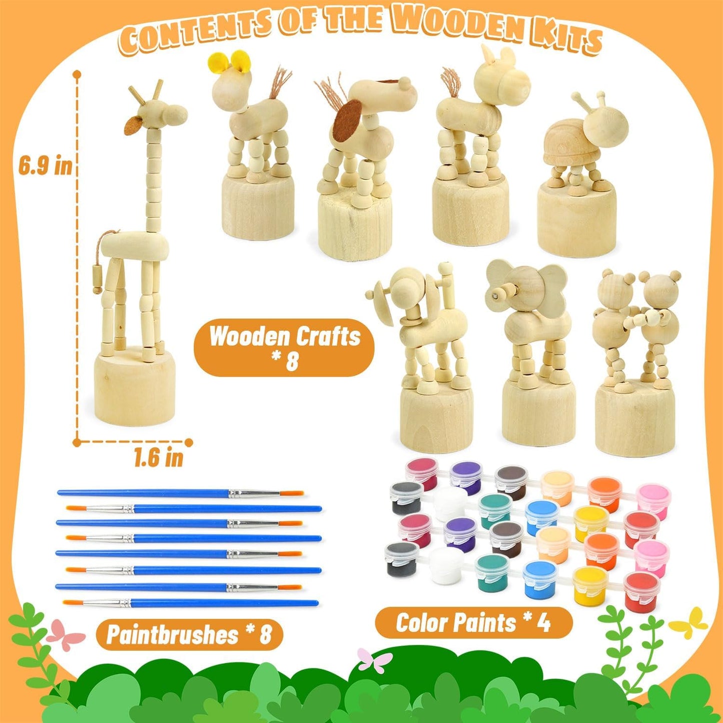Vileafy Crafts for Kids Ages 4-8 - Wooden Animal Craft Kits with 24 Paint Pots & 8 Brushes, DIY Arts and Crafts for Boys and Gir