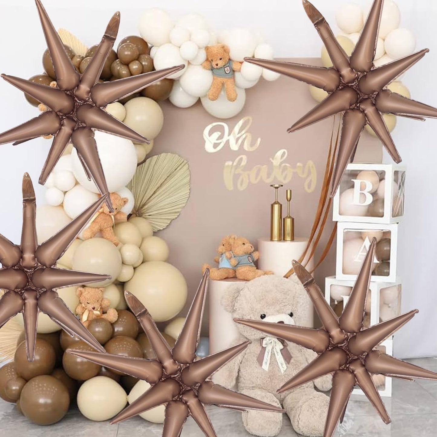 6 Pcs Brown Star Foil Balloons One-Piece 14-Pointed Star Balloons 4D Starburst Cone Mylar Balloons 22Inch Christmas Birthday Wed