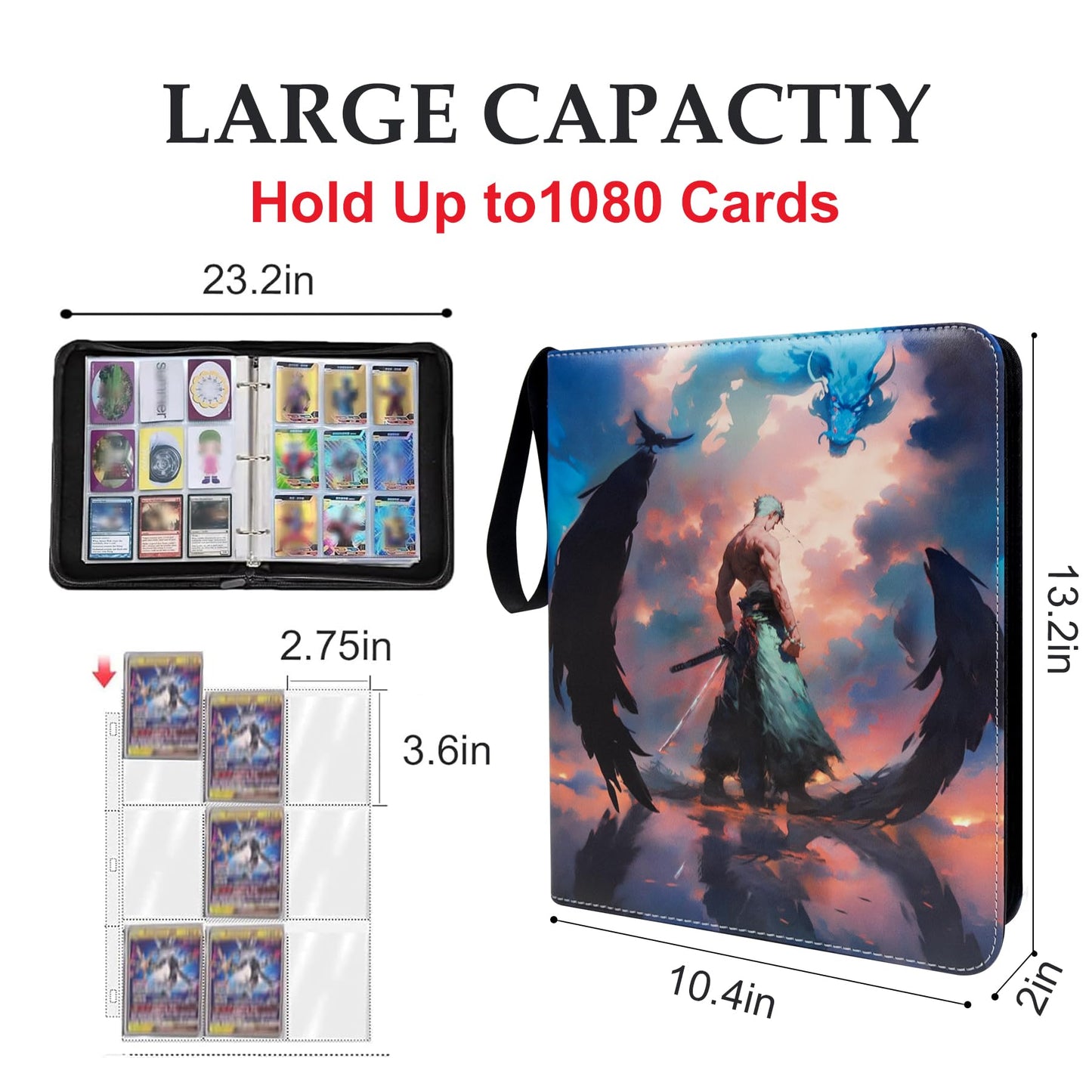 WEST TUNE Trading Card Binder for One Piece Zoro - 9 Pocket, Waterproof, Includes 60 Sleeves for Up to 1080 Cards, Model WTXP240058