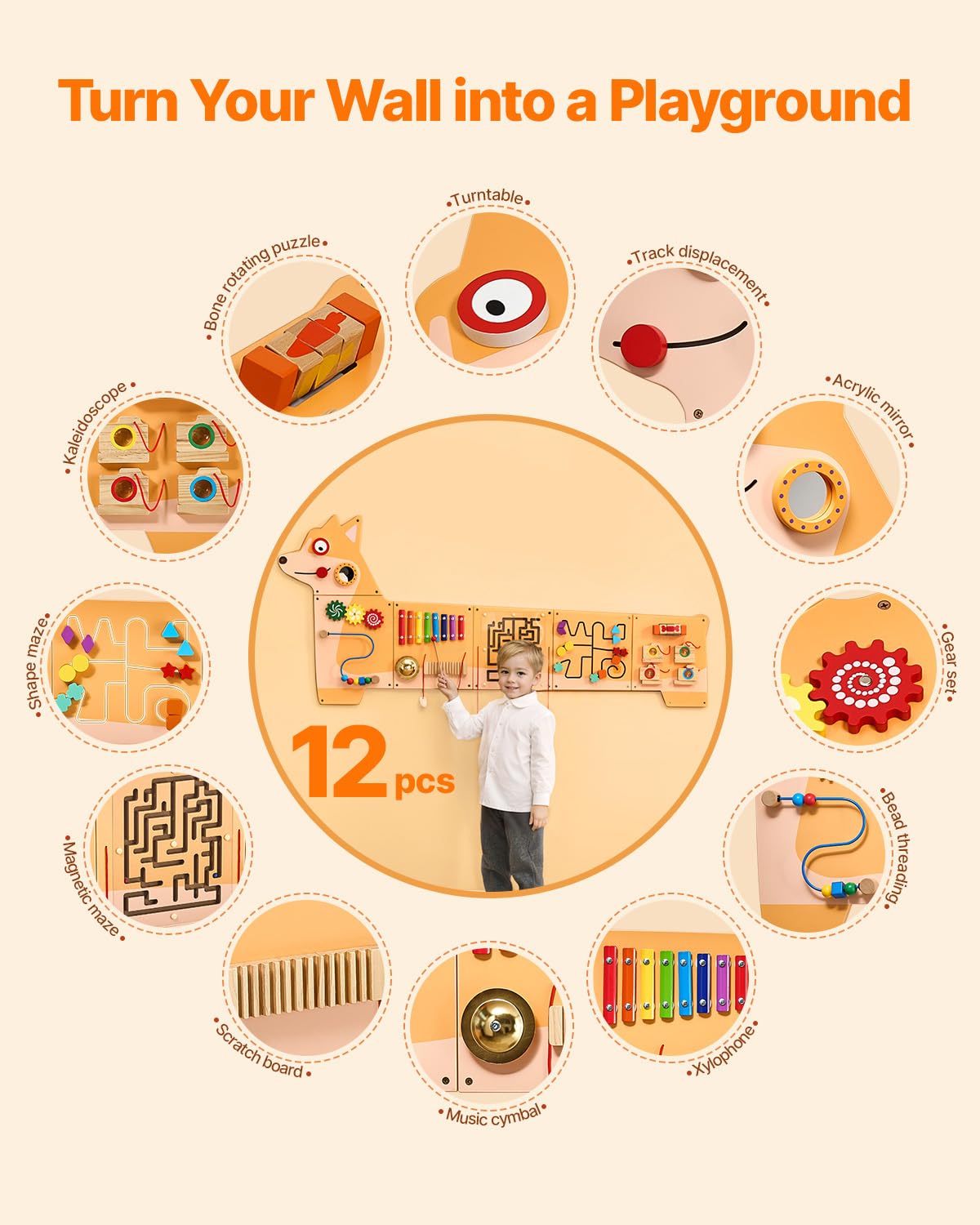 VEVOR Dog Activity Busy Board Wall, 12 Wall Activities Board, Montessori Sensory Wall Panel for Kids 3-12 Years, Sensory Wall Ac