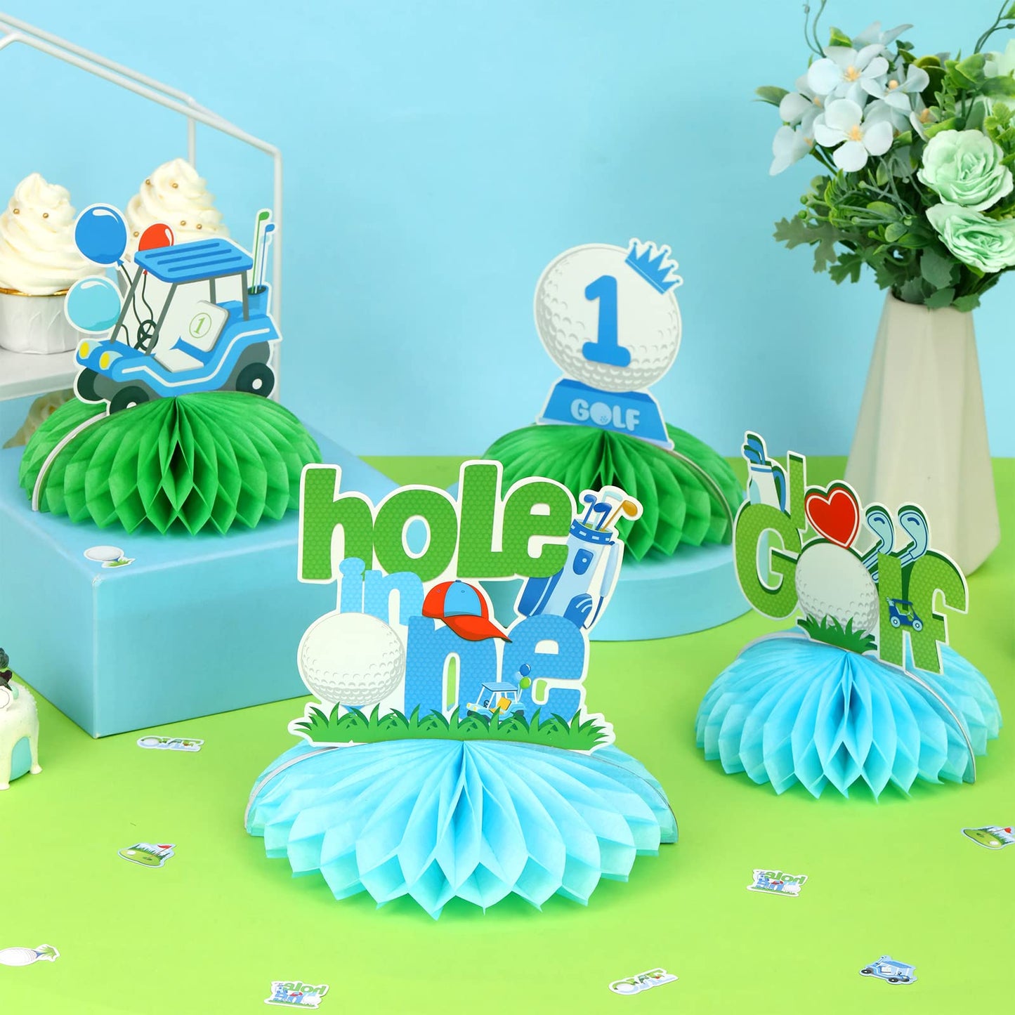 Fangleland 8 Pack Golf Honeycomb Centerpieces Golf 1st Birthday Party Decorations, Hole in One First Birthday Party Supplies for