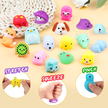Outee 100 Pcs Mini Mochi Stress Toys with Gift Box - Kawaii Dinosaur Animals, Party Favors, Birthday & Halloween Gifts for Kids & Adults