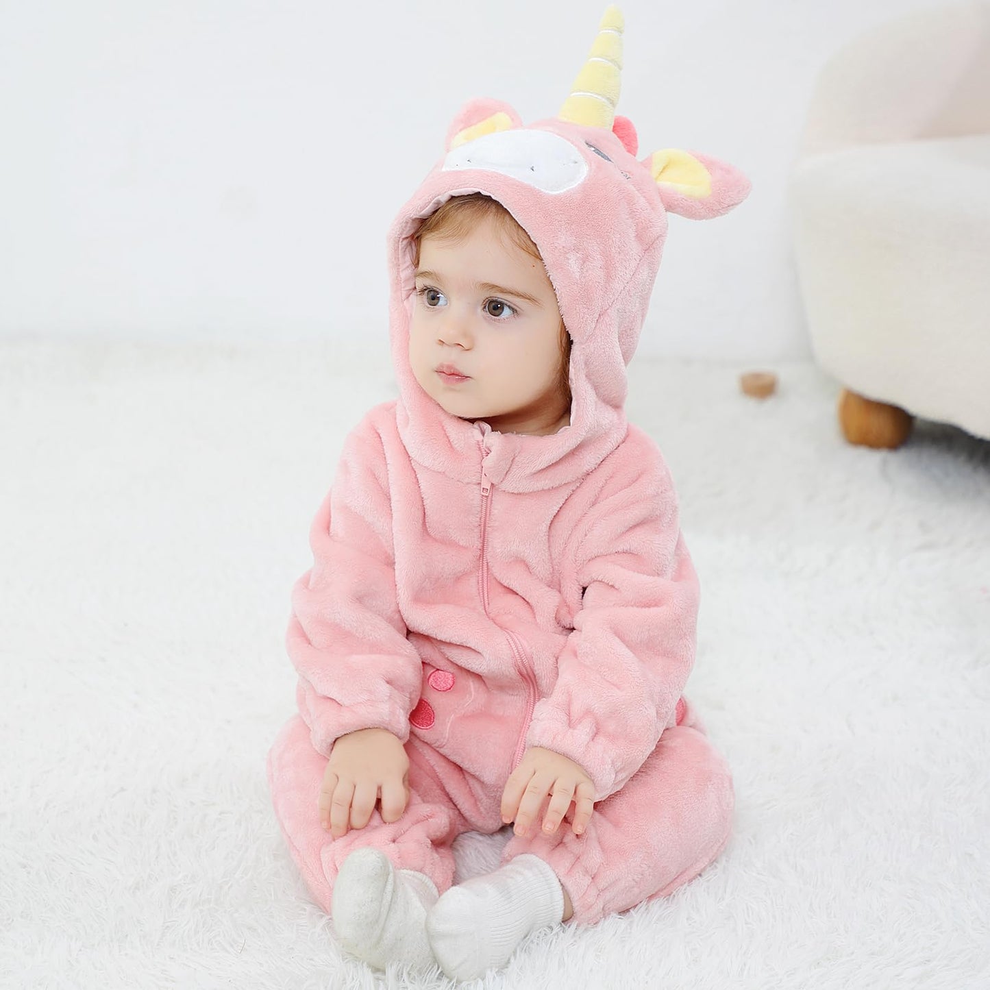 Lolanta Baby Girls Unicorn Costume, Infant Romper, Toddlers Fleece Hooded Jumpsuit, Cute Pink Bodysuit (Pink, 18-24 Months)