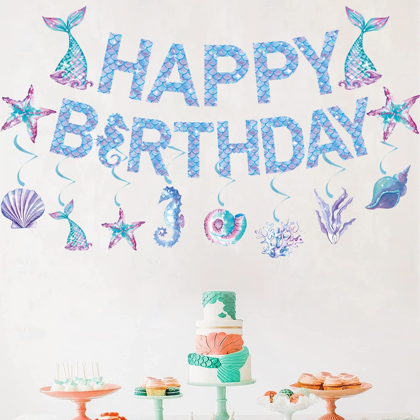 Zwiebeco Mermaid Birthday Party Decoration Supplies - Mermaid Happy Birthday Banner Bunting Garland Hanging Paper Swirls Kit For