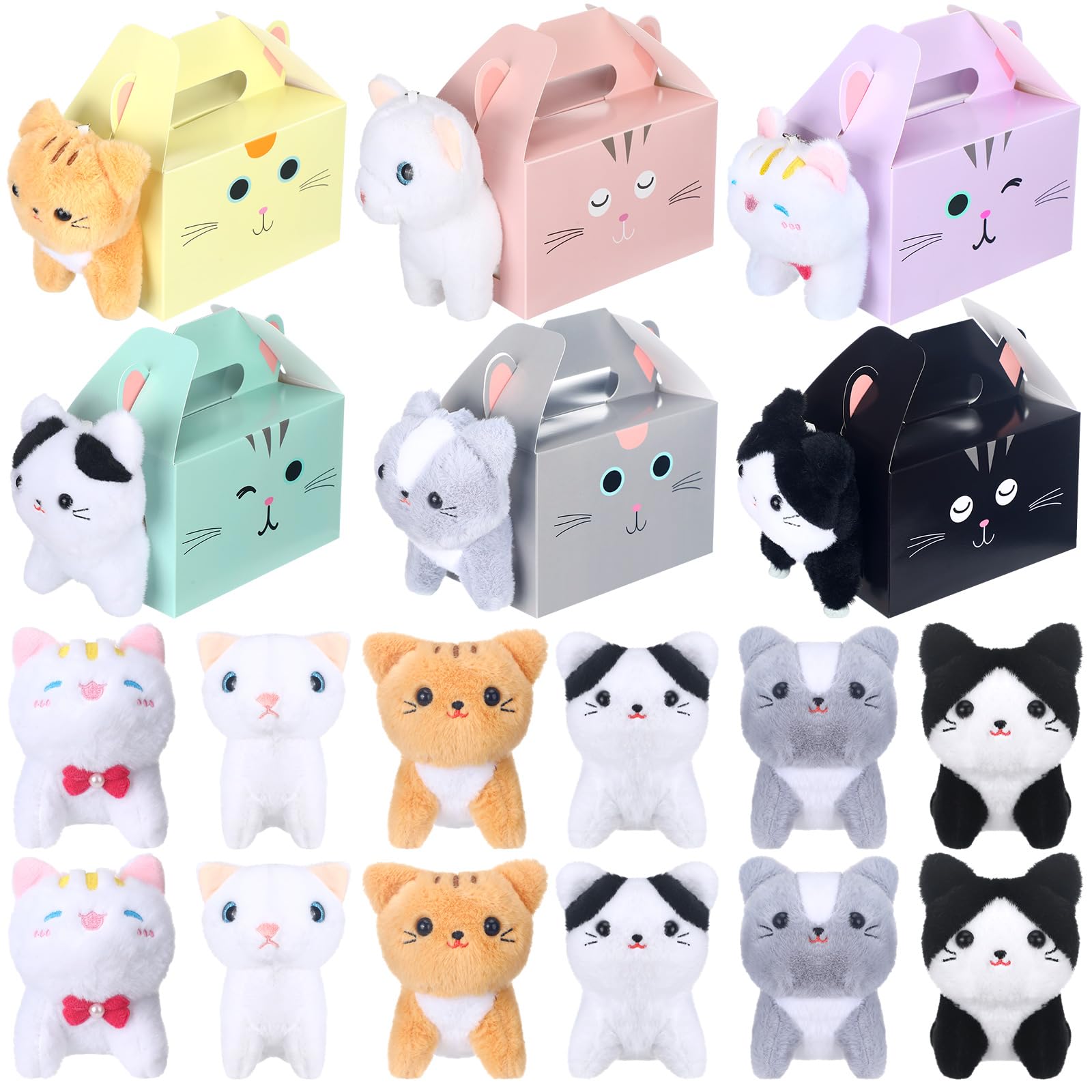 Fainne 12 Sets Adopt a Pet Cat Party Favors Include 12 Pcs Cat Favors Boxes with 12 Pcs Mini Kitten Stuffed Animals Foldable Tre