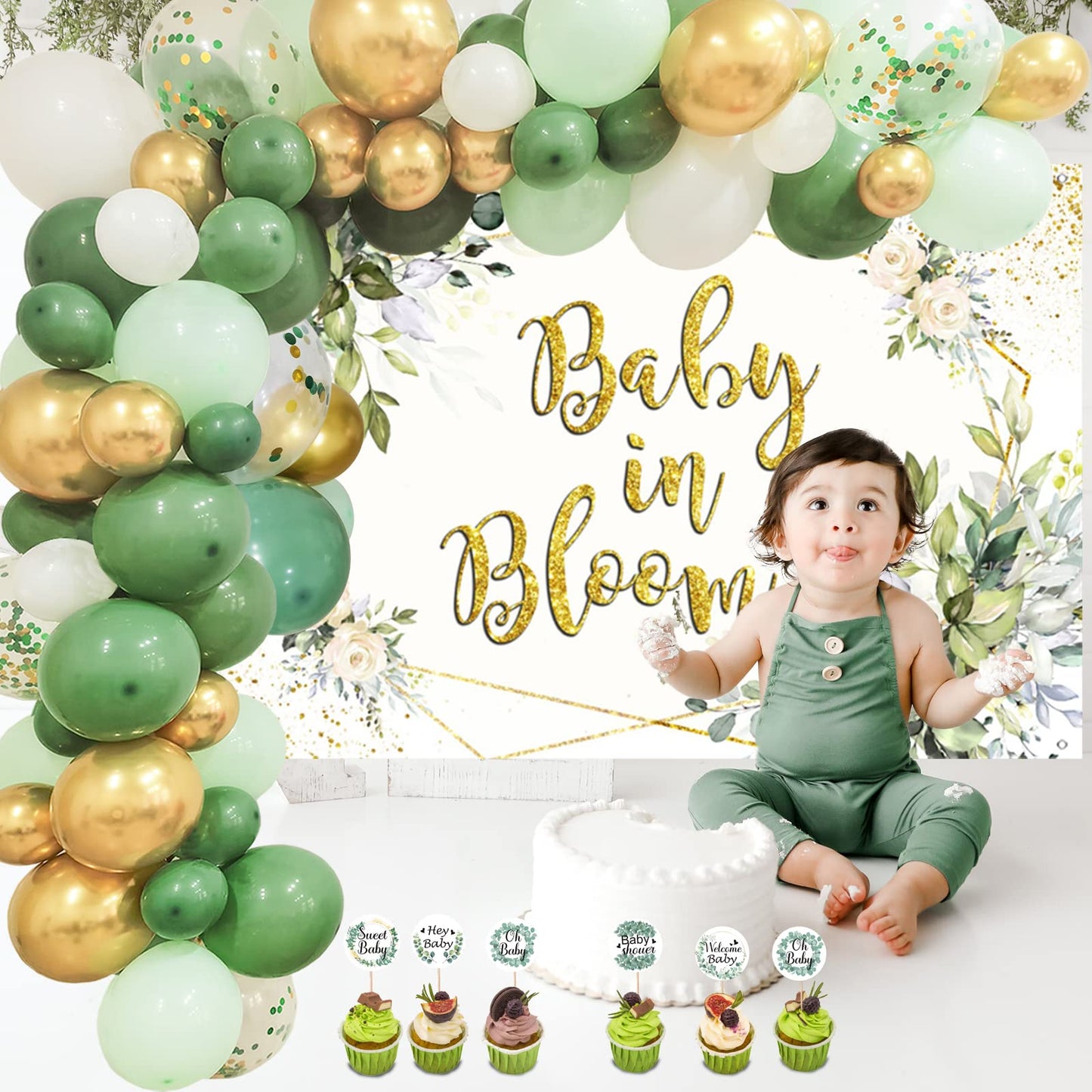 Sage Green Baby Shower Decorations For Boy Girl Sage Green Balloon Garland Kit,Baby In Bloom Backdrop Banner,Eucalyptus Cake Toppers,Greenery Olive Boho Rustic Gender Reveal Neutral Welcome Baby Party