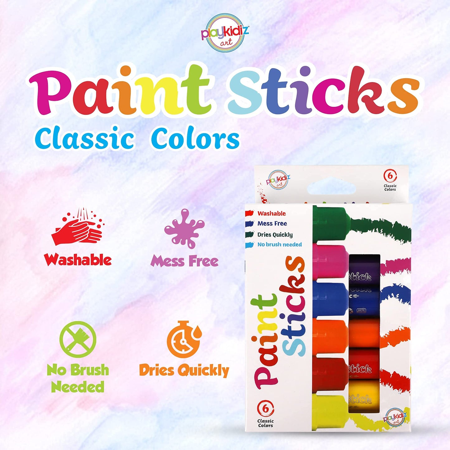 Playkidiz Paint Sticks, 6 Pack, Classic Colors, Twistable Crayon Paint Sticks, Mess-Free Tempera Paint, Quick Drying, Great Birt