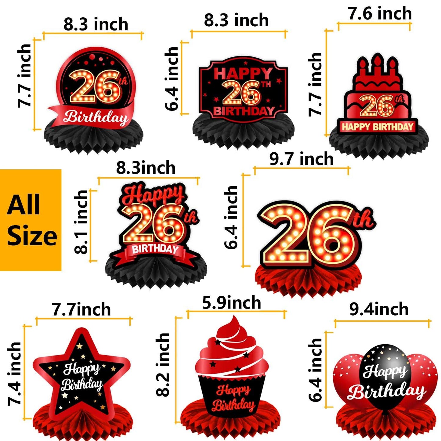 Happy 26Th Birthday Red And Black Table Honeycomb Centerpieces Balloons Theme Decor Table Decorations Table Toppers For Girls Women Princess 26 Years Old Birthday Party Bday Supplies Background Gold