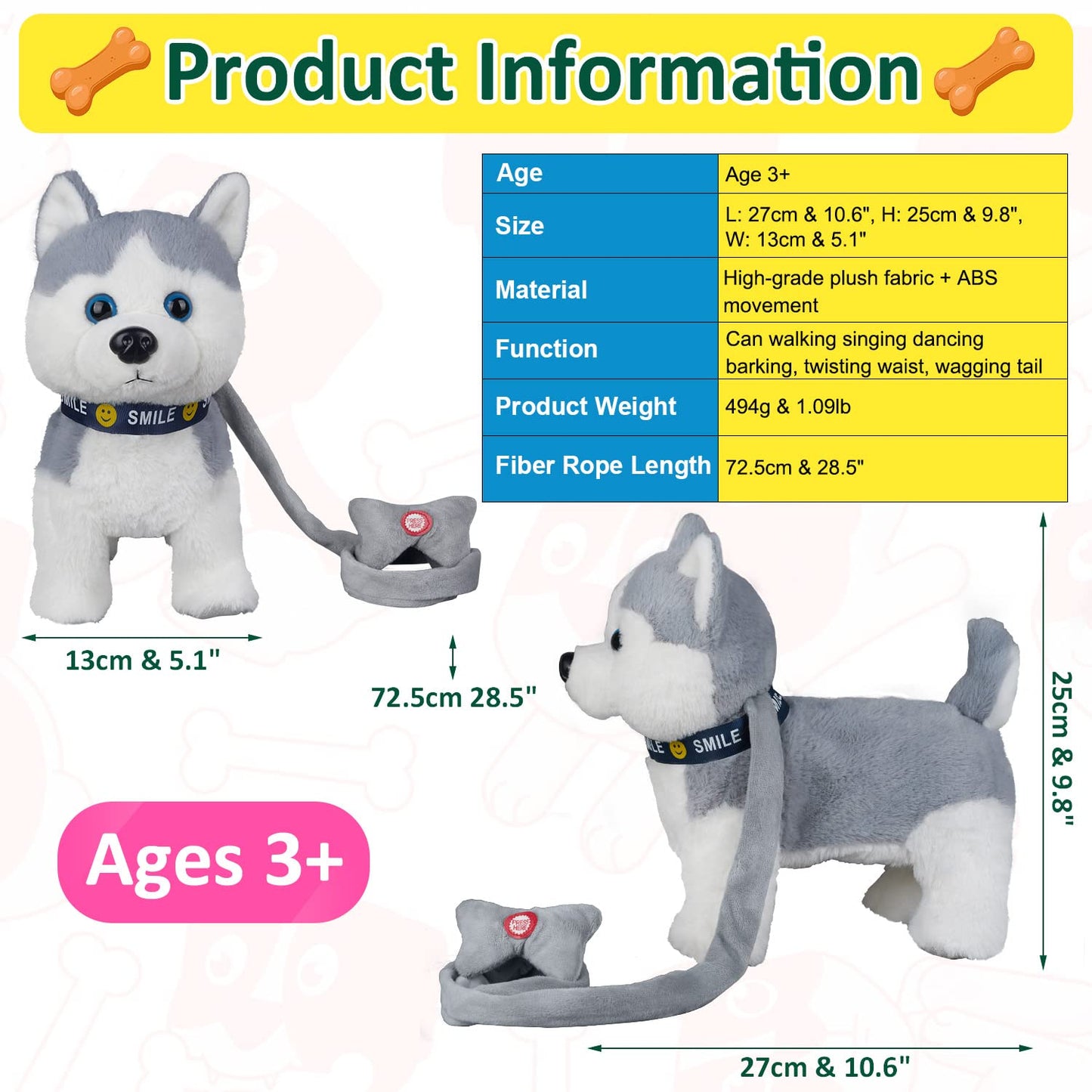 Husky Walking And Barking Puppy Dog Toy With Control Leash,Realistic Wagging Tail Robot Interactive Musical Dancing Animated Plu