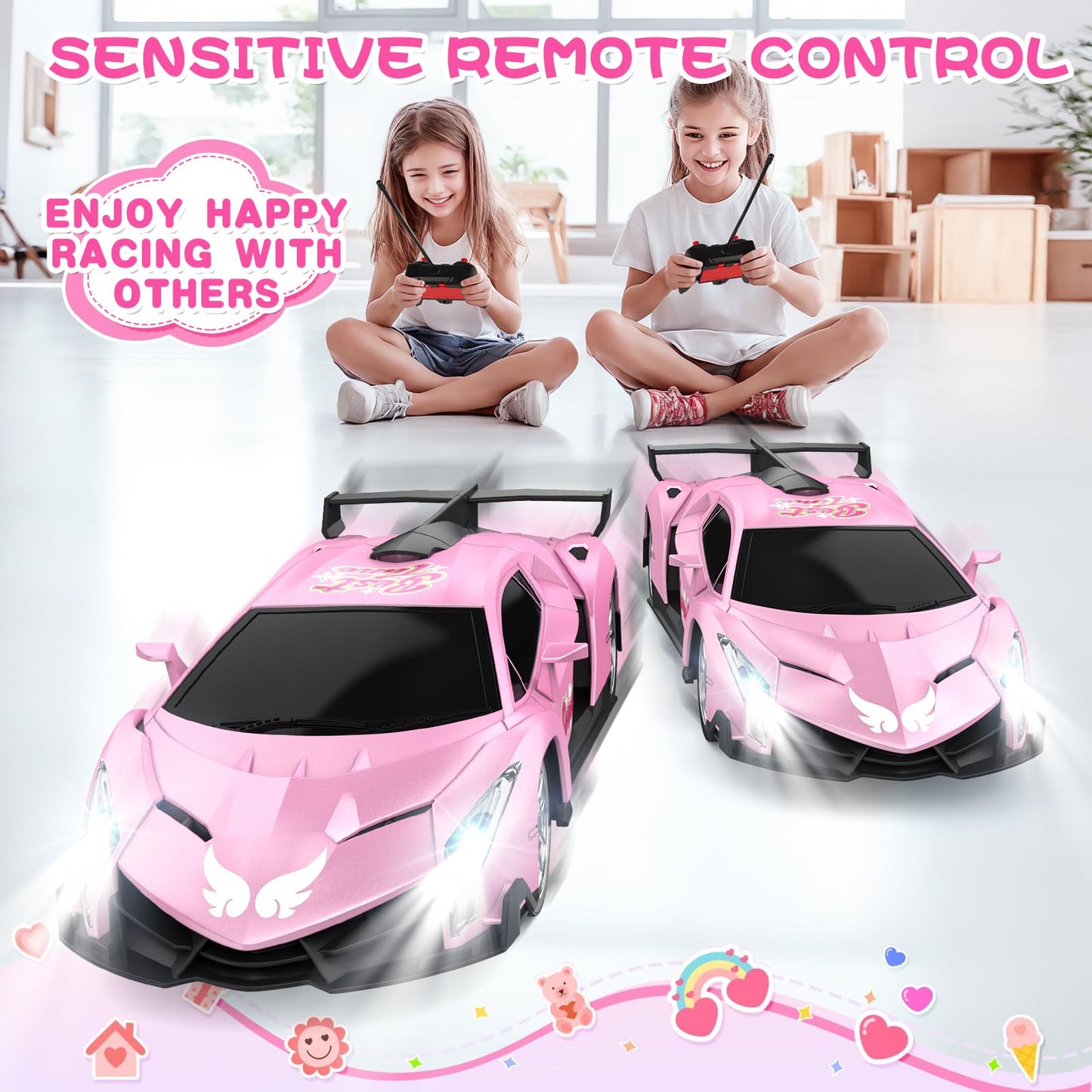 Growsland Remote Control Car for Girls, 1:18 Pink RC Cars Toys for Kids Girl Electric Vehicle Toy Car Hobby Racing Car with Ligh
