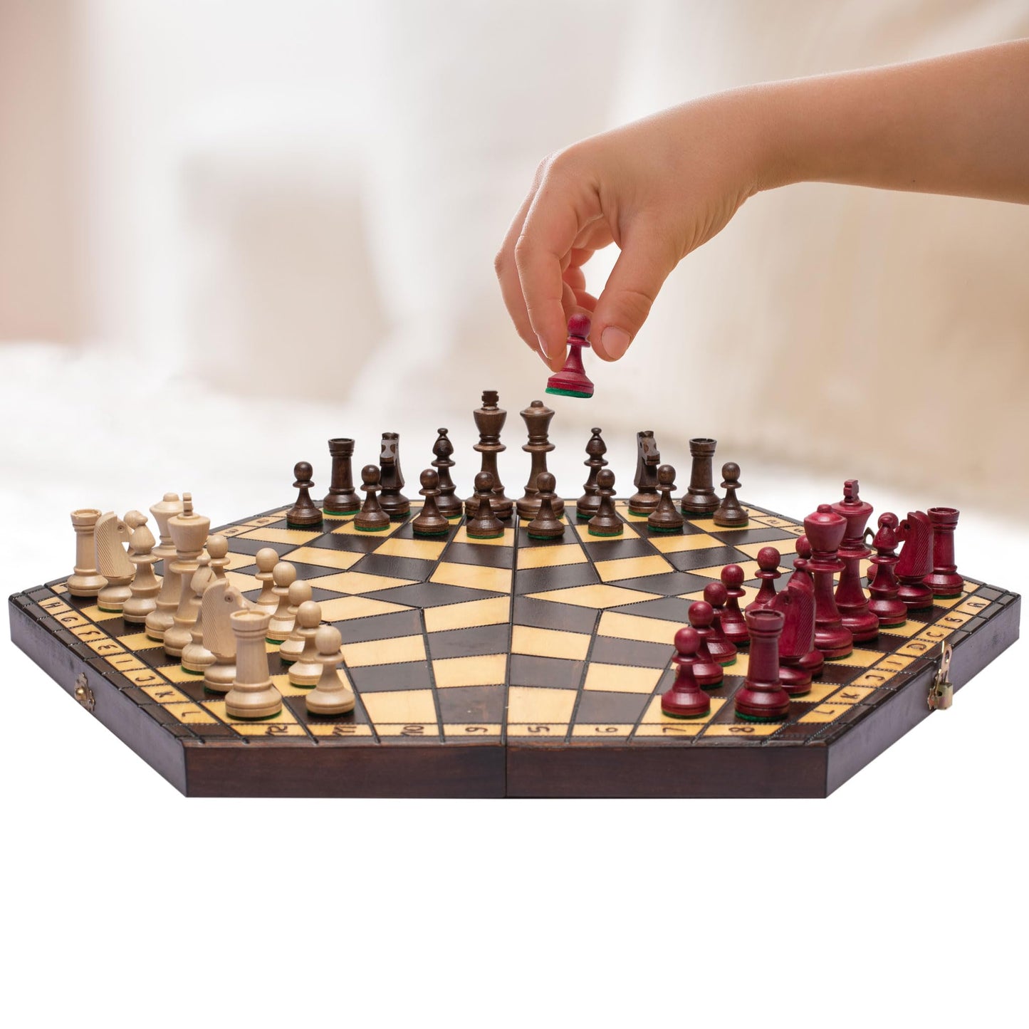 Husaria Wooden Three-Player Chess Game Set - 21 Inches - With Foldable Board, Handcrafted Playing Pieces, And Felt-Lined Storage