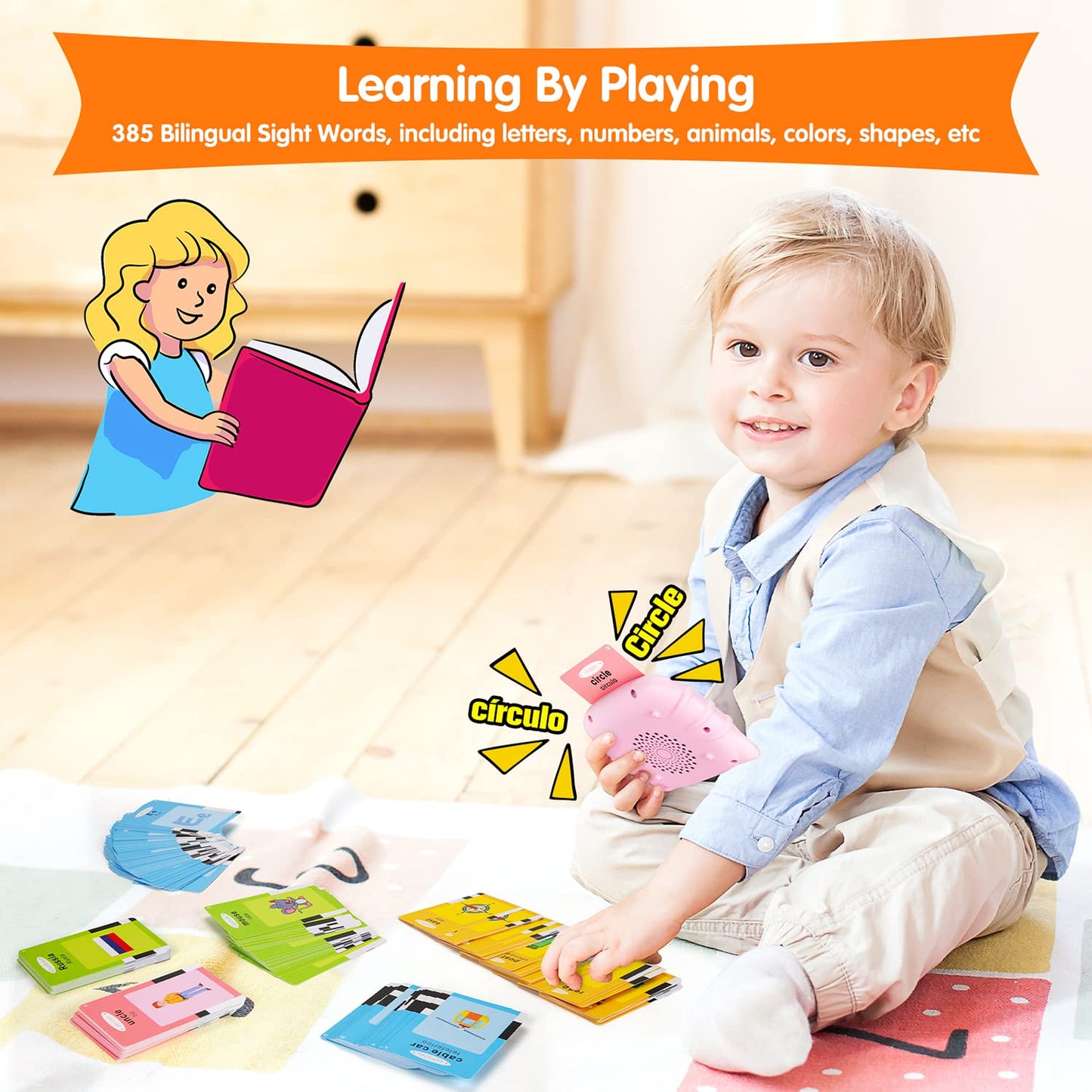Ednzion Bilingual English & Spanish Flash Cards For Toddlers, Audible Toys Learning Spanish For Kids Adults, Speech Therapy Toys, Educational Learning Talking Flash Cards 385 Sight Words-Pink