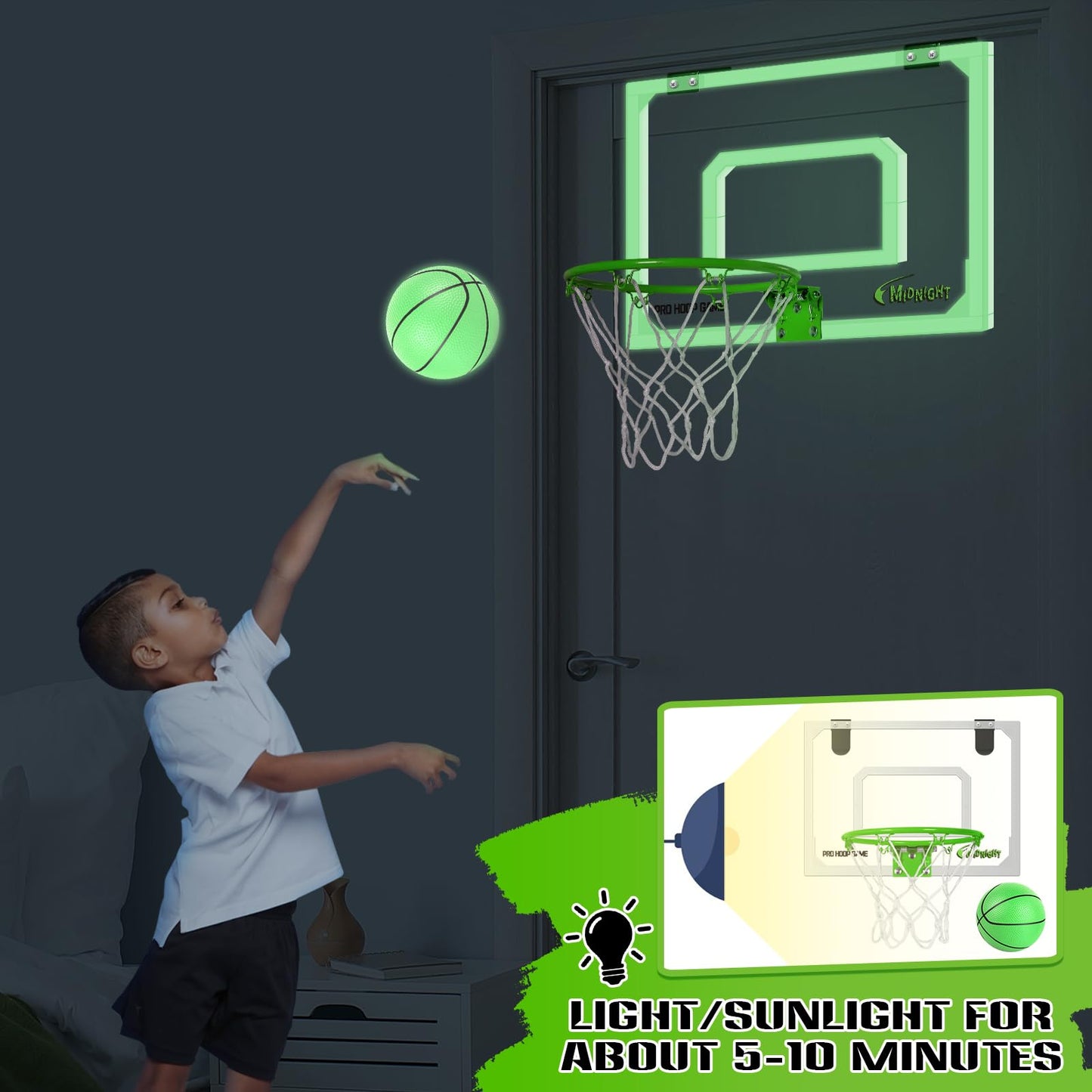 AOKESI Mini Portable Basketball Hoop Indoor Glow in The Dark  Over The Door Basketball Net Goal for Room Outdoor Play Game Toys Gift for mature-themed Kids Boys 5 6 7 8 9