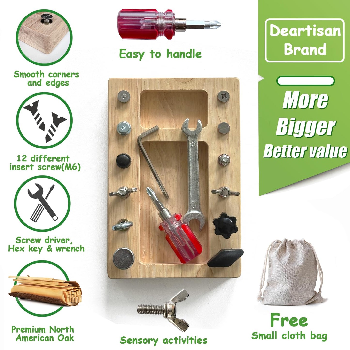 Deartisan Montessori Screwdriver Board Set, 17 Pcs, 12 Holes, Original Wood Color, Educational STEM Toy for Kids 3-5 Years
