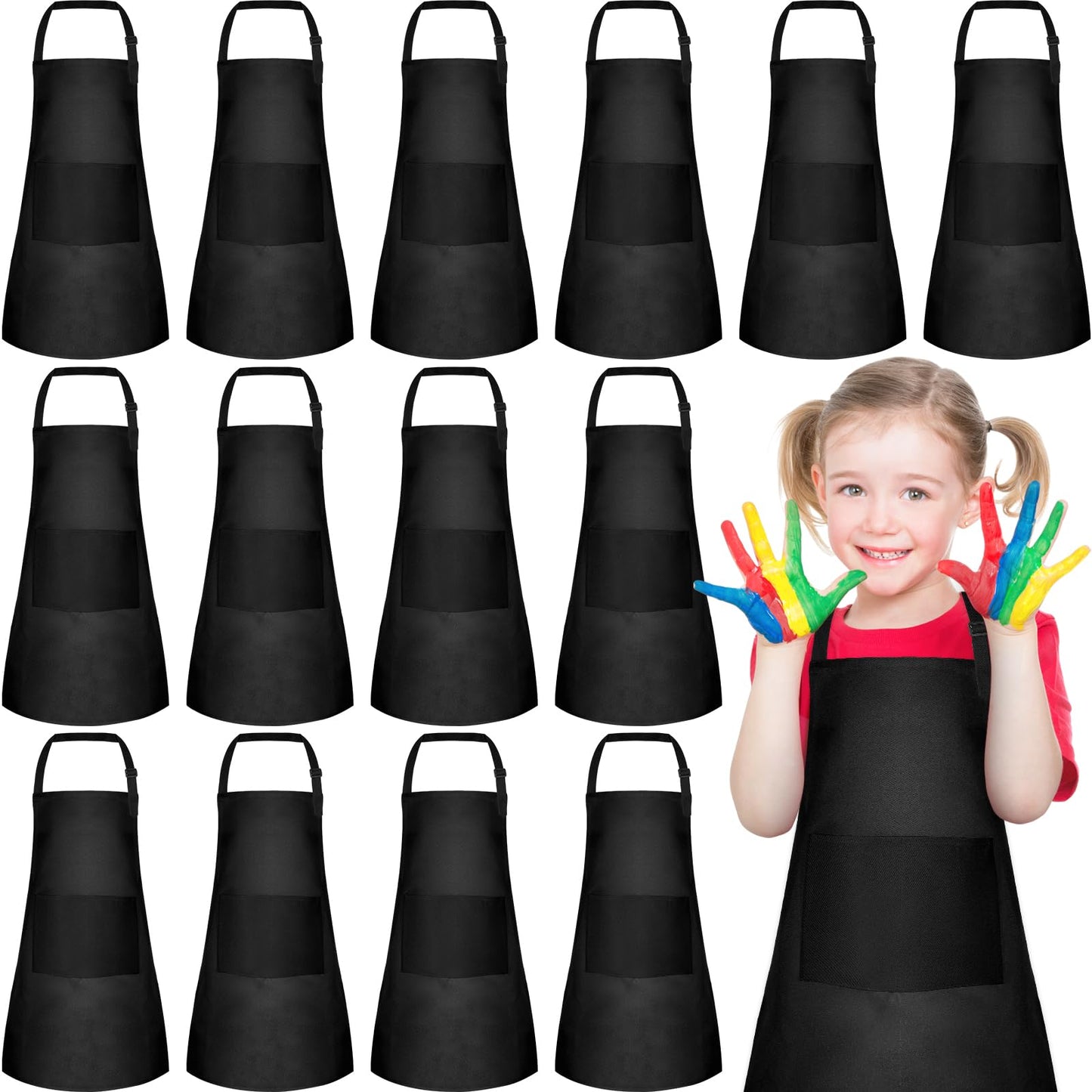 PLULON 15Pcs Kids Paint Aprons Bulk Art Painting Apron for Kids, Paint Apron Adjustable Children Chef Aprons with 2 Pockets for 