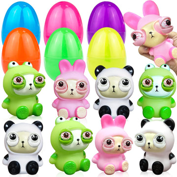 Amenon 6 Pack 3.8'' Large Easter Eggs Filled With Squeeze Animals With Popping Eyes-Bunny Panda Frog, Sensory Fidget Toys Easter