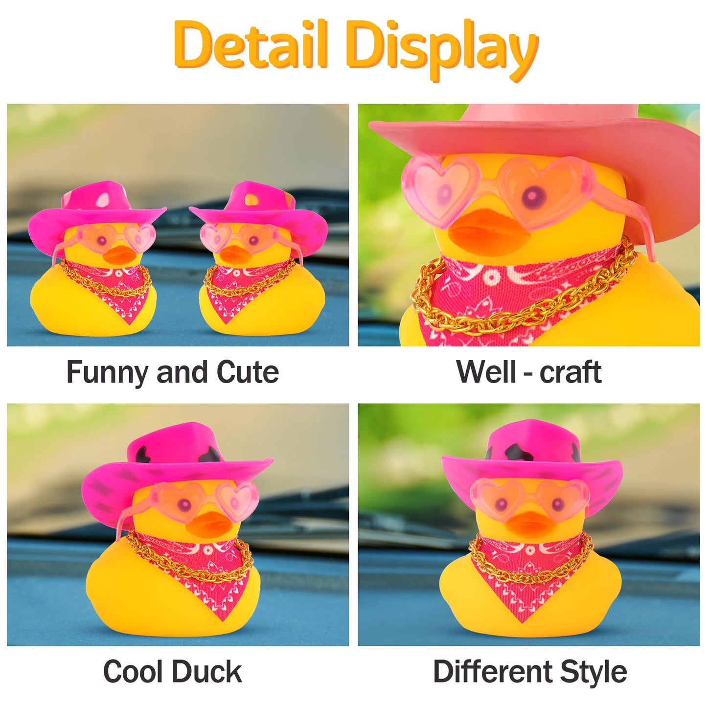 Wonuu Car Rubber Cowboy Duck, Yellow Ducks Decoration Dashboard With Cowboy Hat Necklace Sunglasses, White Spots Pink