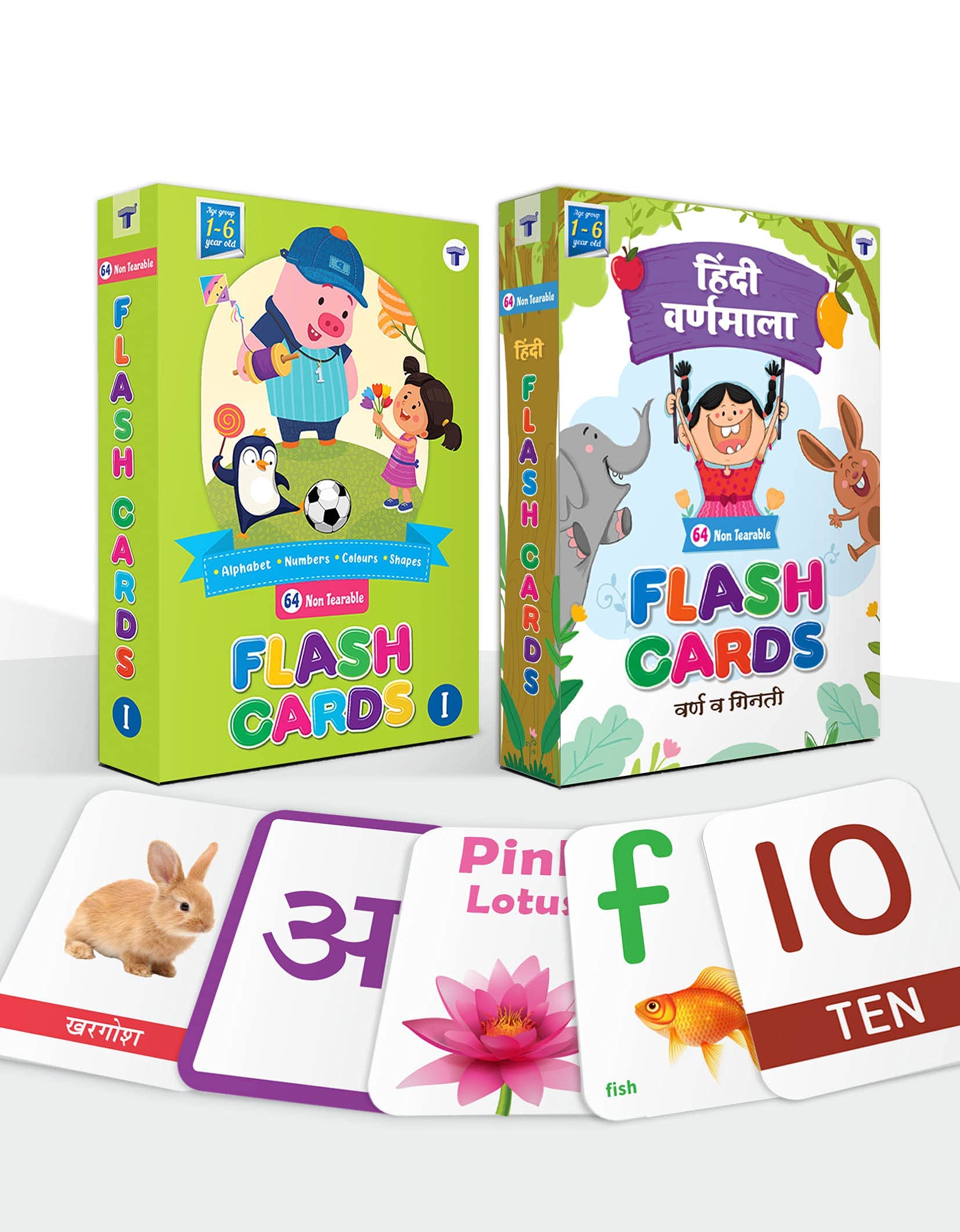 English And Hindi Flash Cards For Kids 2+ Years | 128 NonTearable Flash Cards Set | Alphabet, Numbers And Hindi Varnamala | Edu