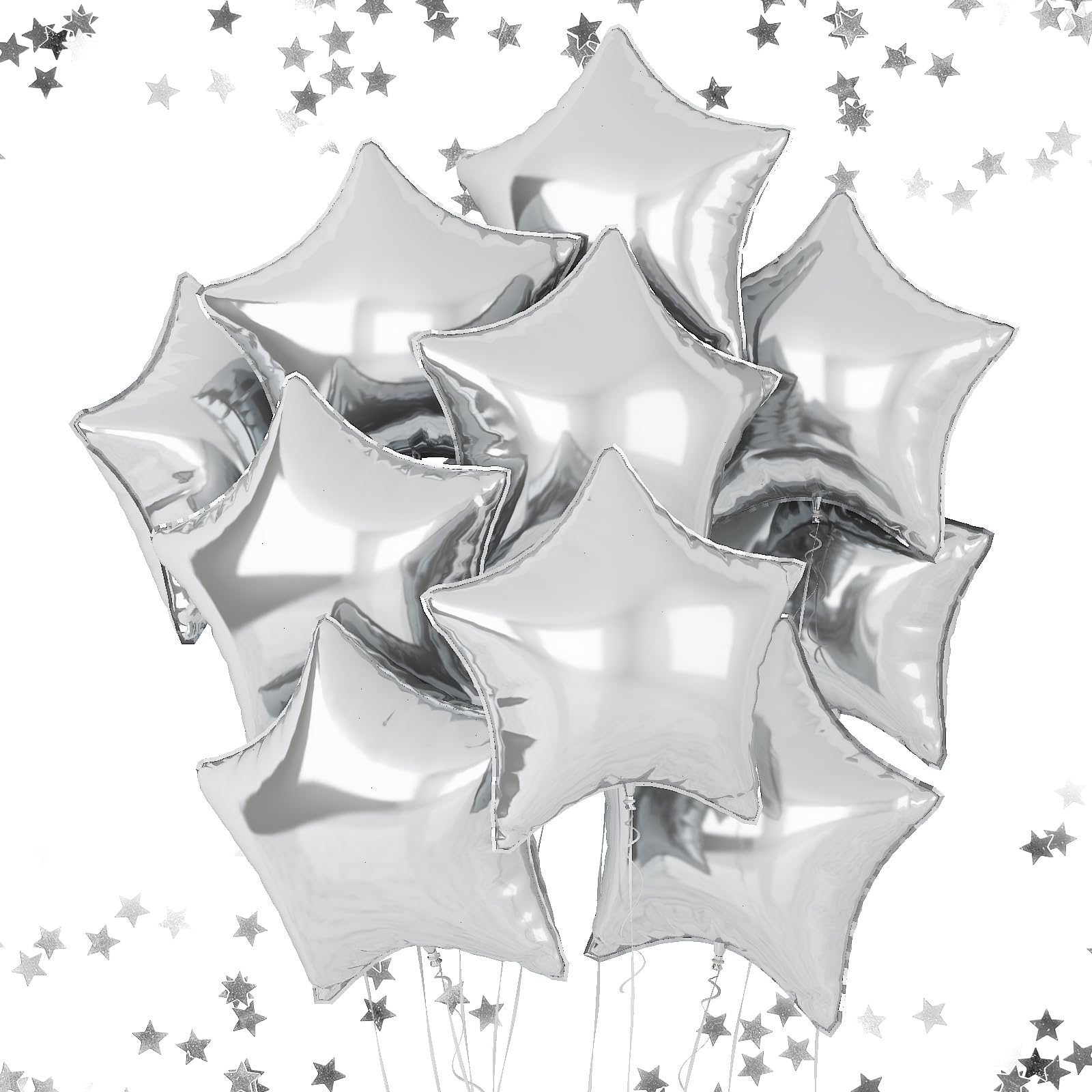 Silver Star Foil Balloons, 18 Inches Star Foil Balloons For Helium, 10 Pcs Silver Star Birthday Balloons Set For Birthday Party