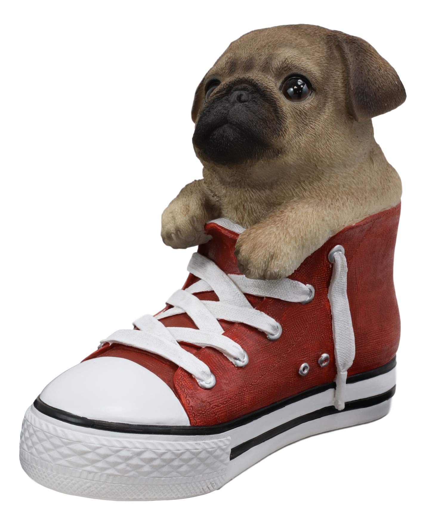 Ebros 'Paw-Star' Pups Lifelike Realistic Puppy Dog In Sneaker Chucks Shoe Statue Pedigree Breed Dogs Puppies Collectible Decor With Glass Eyes Pet Memorial Figurine (Fawn Pug)