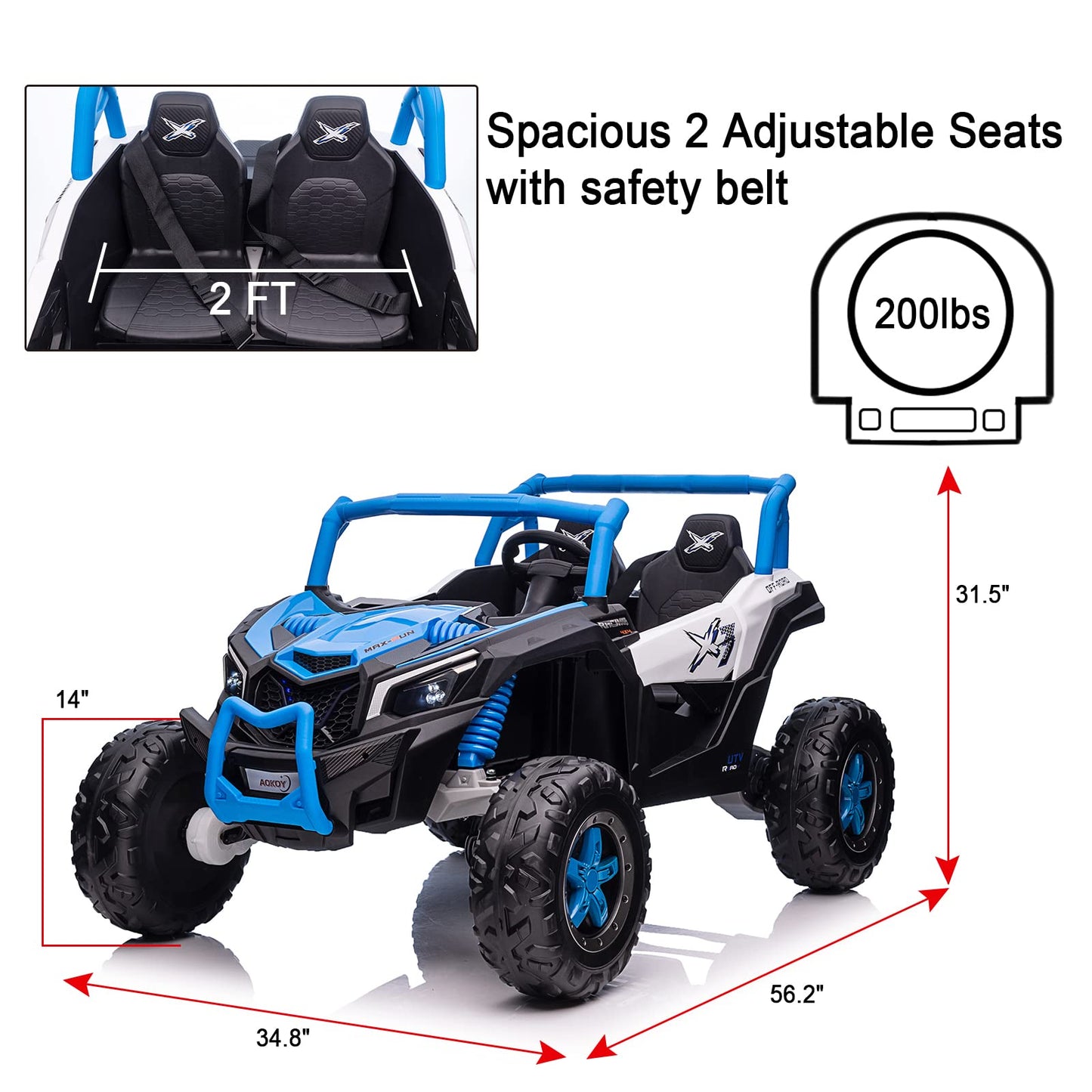 Nitoess 24V 2 Seater Ride On Truck For Kids,2Wd/4Wd Ride On Utv With Remote Control,Electric Toy Car,Xxl Ride On Buggy Rubber-Plastic Polymerized Tires For Kids,Max Load Capacity 200Lbs(Blue)