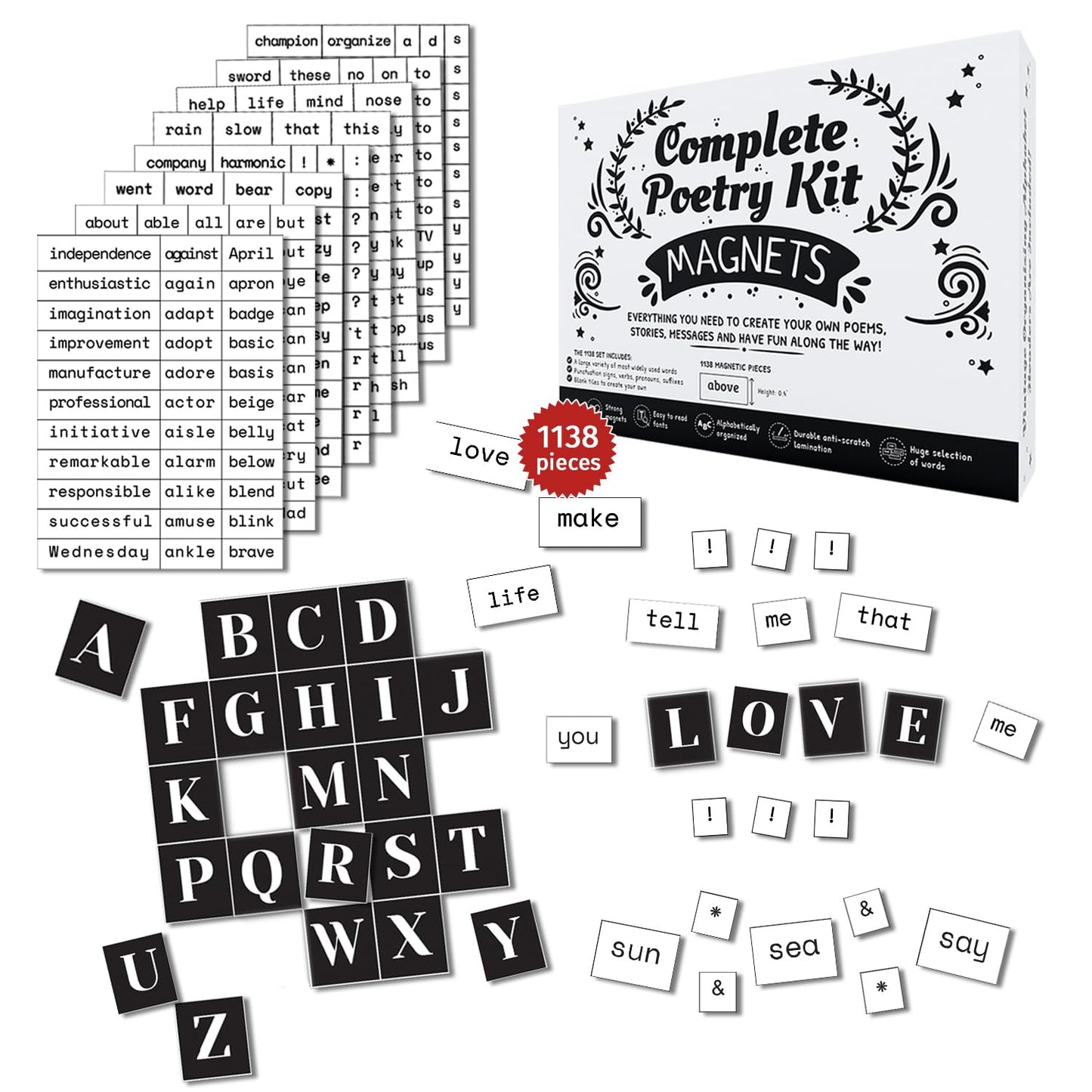 1138 Pcs Complete Poetry Magnets Kit, Word Magnets For Fridge, Poem Magnets, Word Fridge Magnets, Sentence Building, Sentence Magnets To Write Poems, Stories, Conversations - Simply Magic