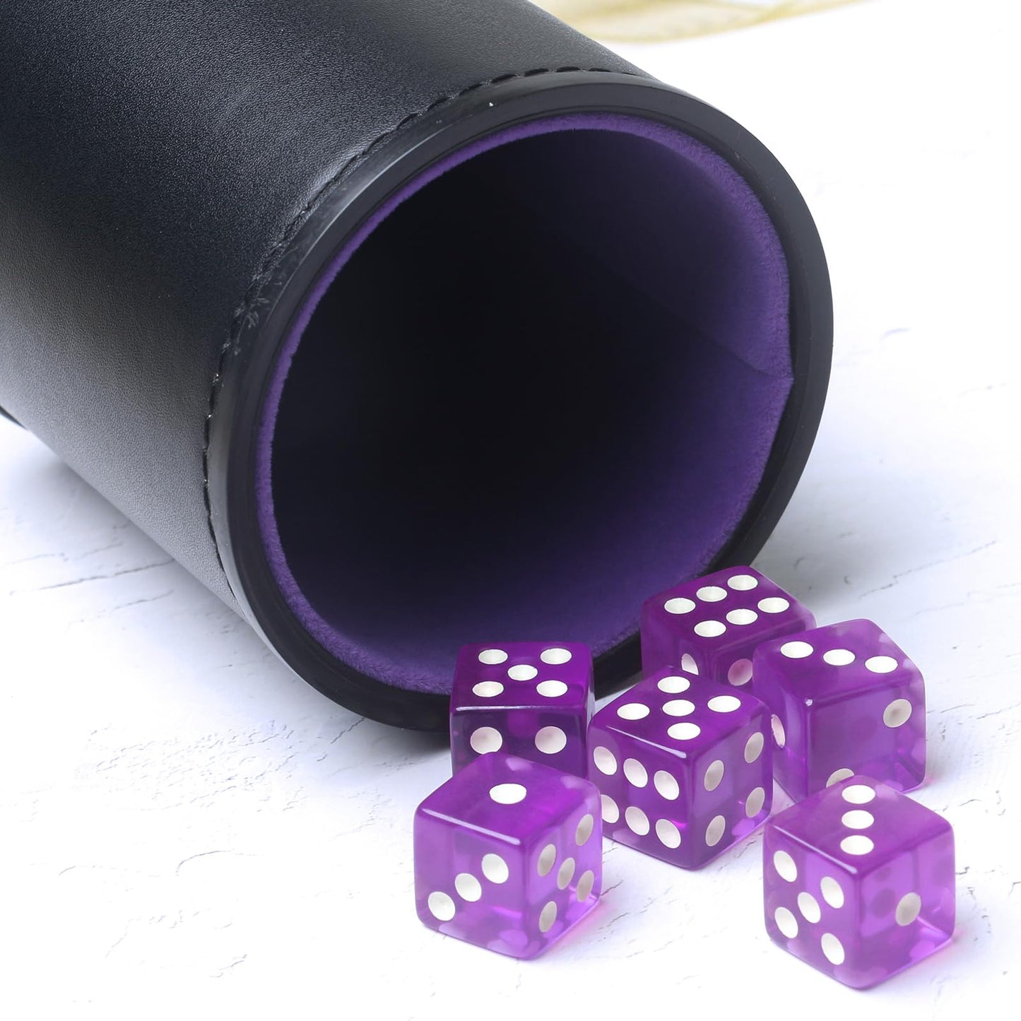 RERIVER PU Leather Dice Cup Set, Purple Velvet Interior Dice Cup Shaker Quiet with 6 Purple Translucent Dice for Liars Dice/Fark