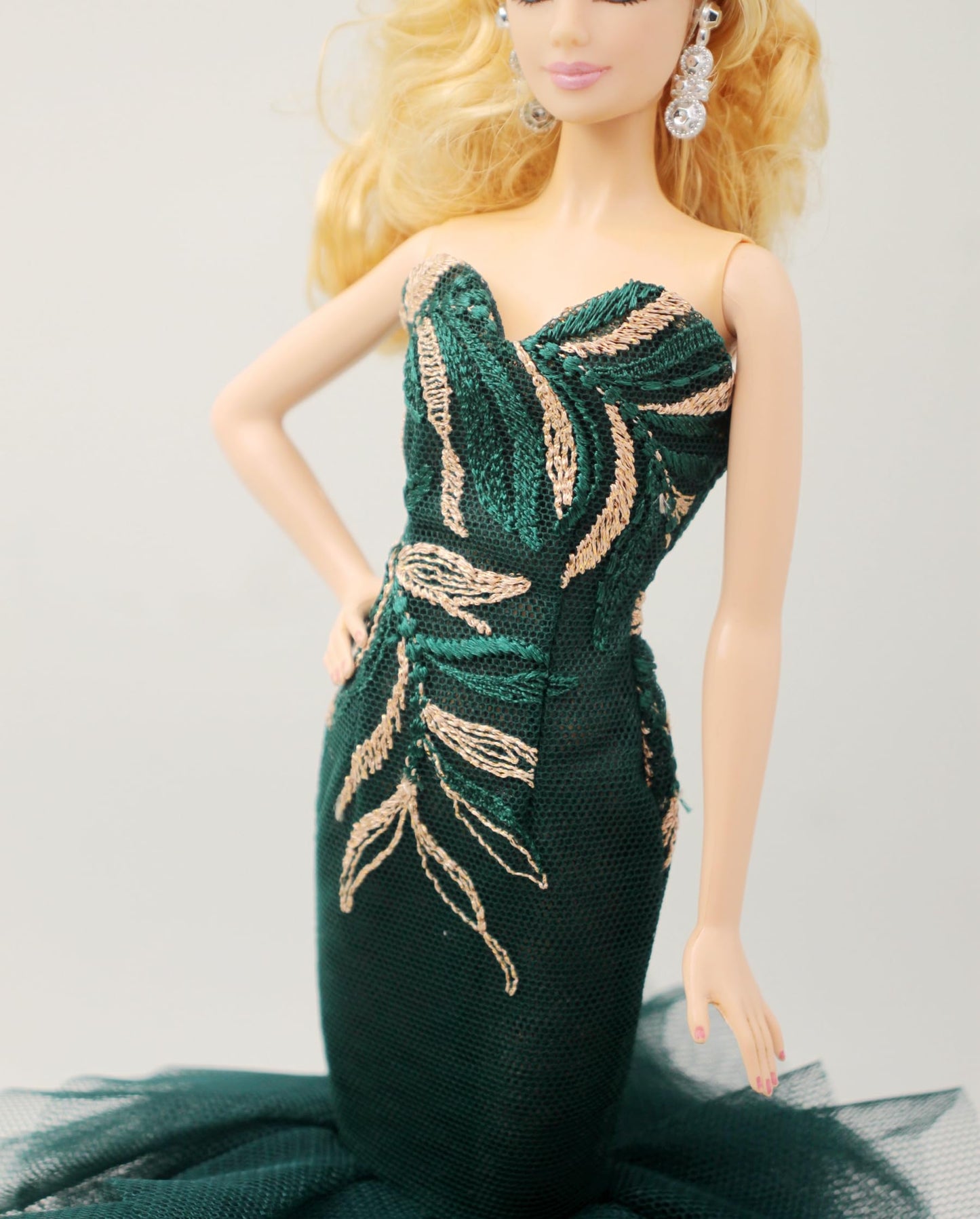 Cora Gu Handmade Classic Jade Green Embroidery Mermaid Dress Wedding Gowns Fit for 12 Fashion Doll & Dolls not Included