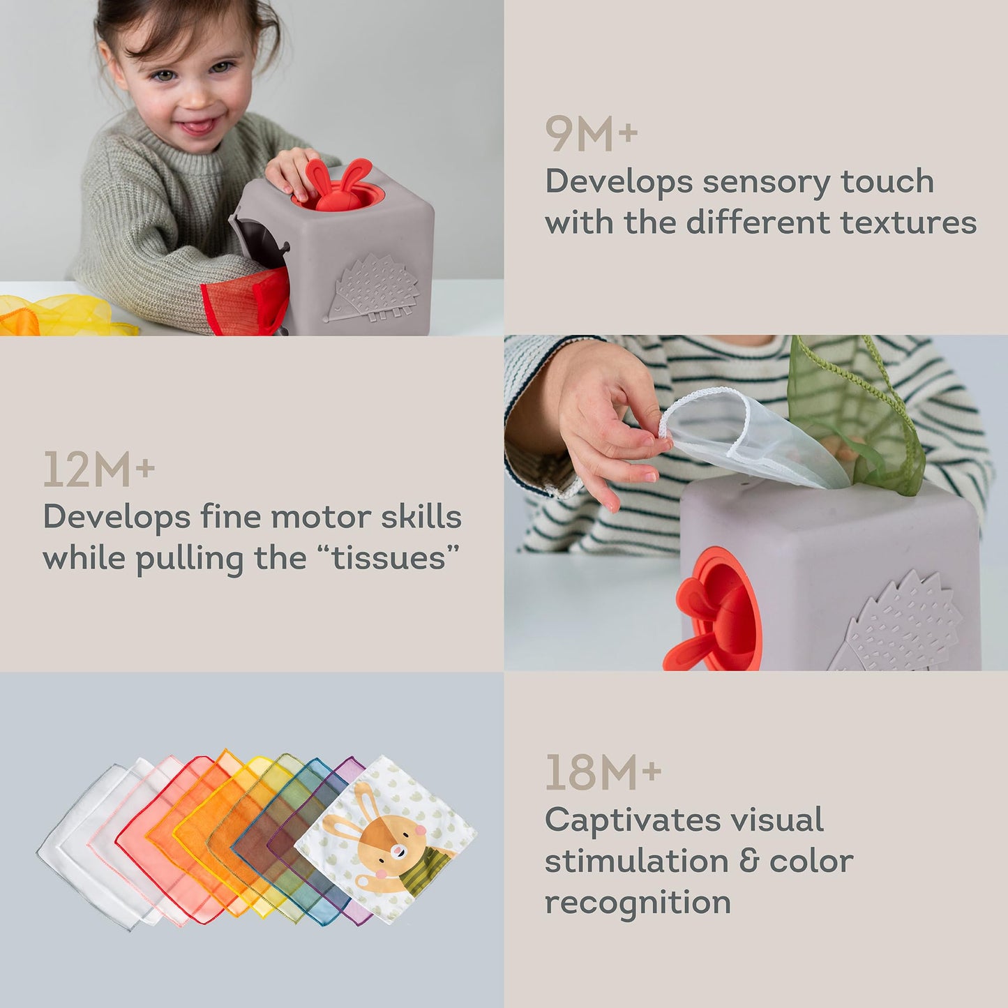 Taf Toys Baby Tissue Box - Montessori Silicone Toy for Motor Skills, 10 Fabric Tissues, Multicolor, Medium, Model TAF13405