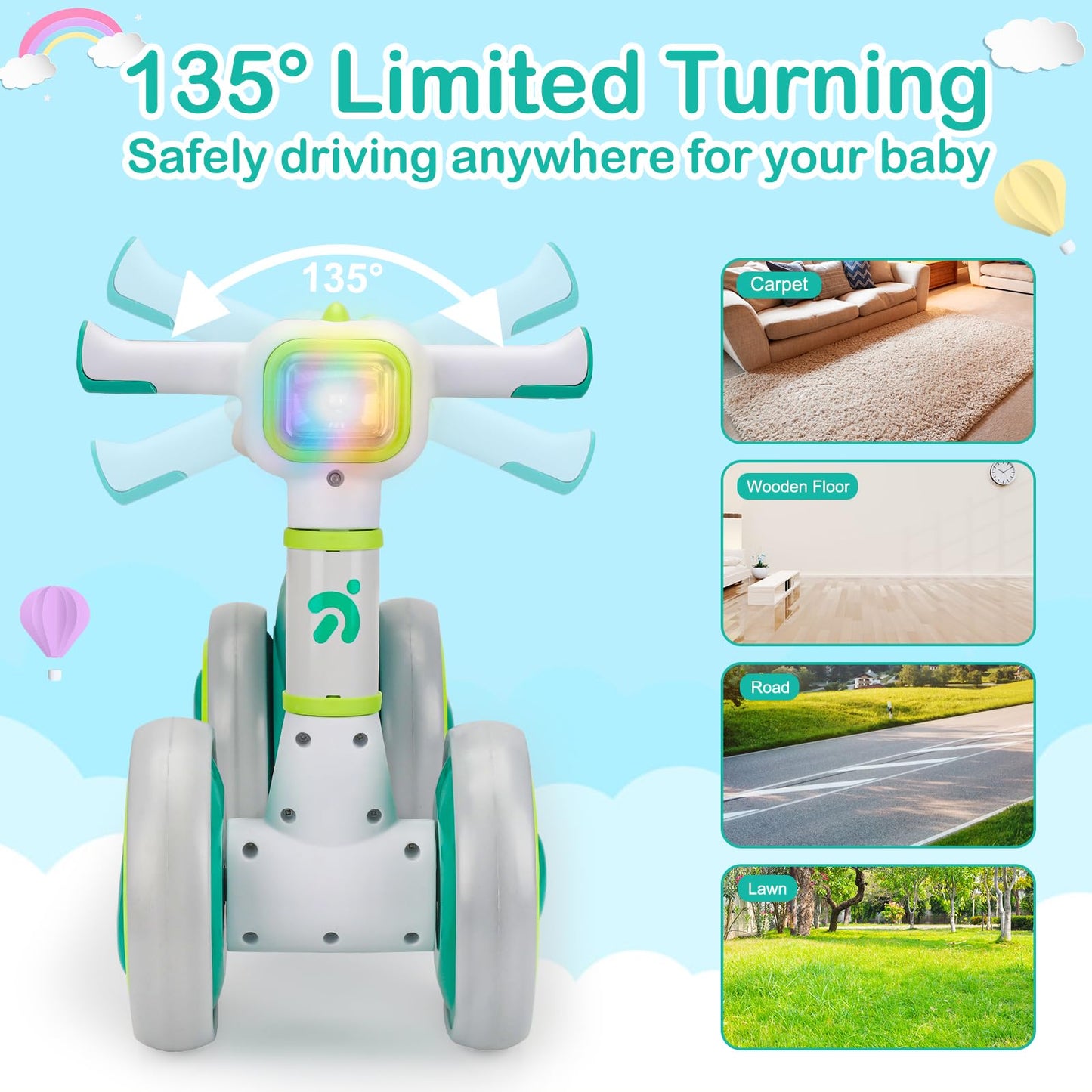 Baby Balance Bike for 1 Year Old Boys Girls Toddler Balance Bike 12-18-36 Months 4 Wheels Mini Walking Ride on Toys with Colorfu