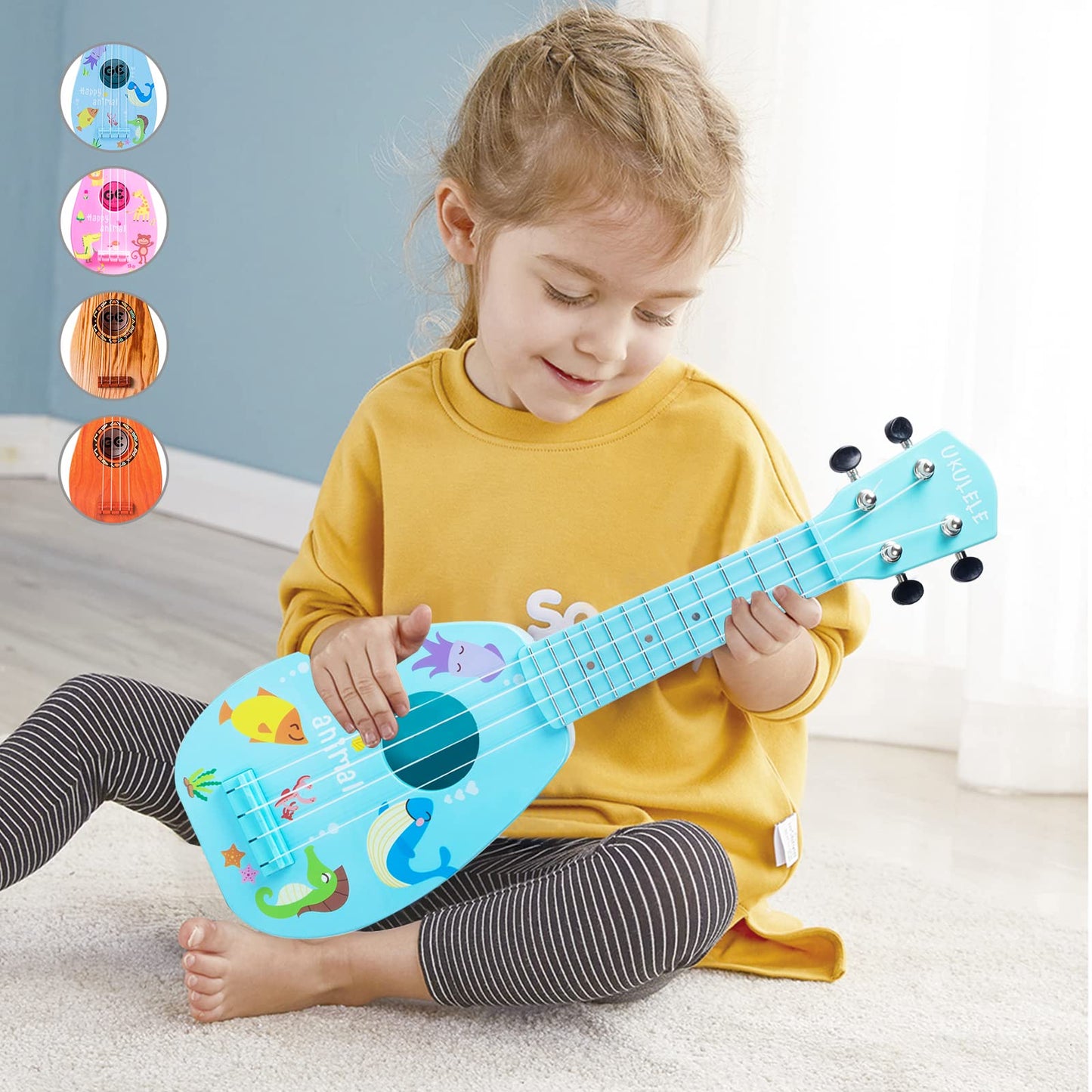 YOLOPLUS+ 17 Inch Kids Ukulele Guitar Toy - 4 Strings, Blue, ABS, Model ukulele-3, Educational Instrument for Toddlers