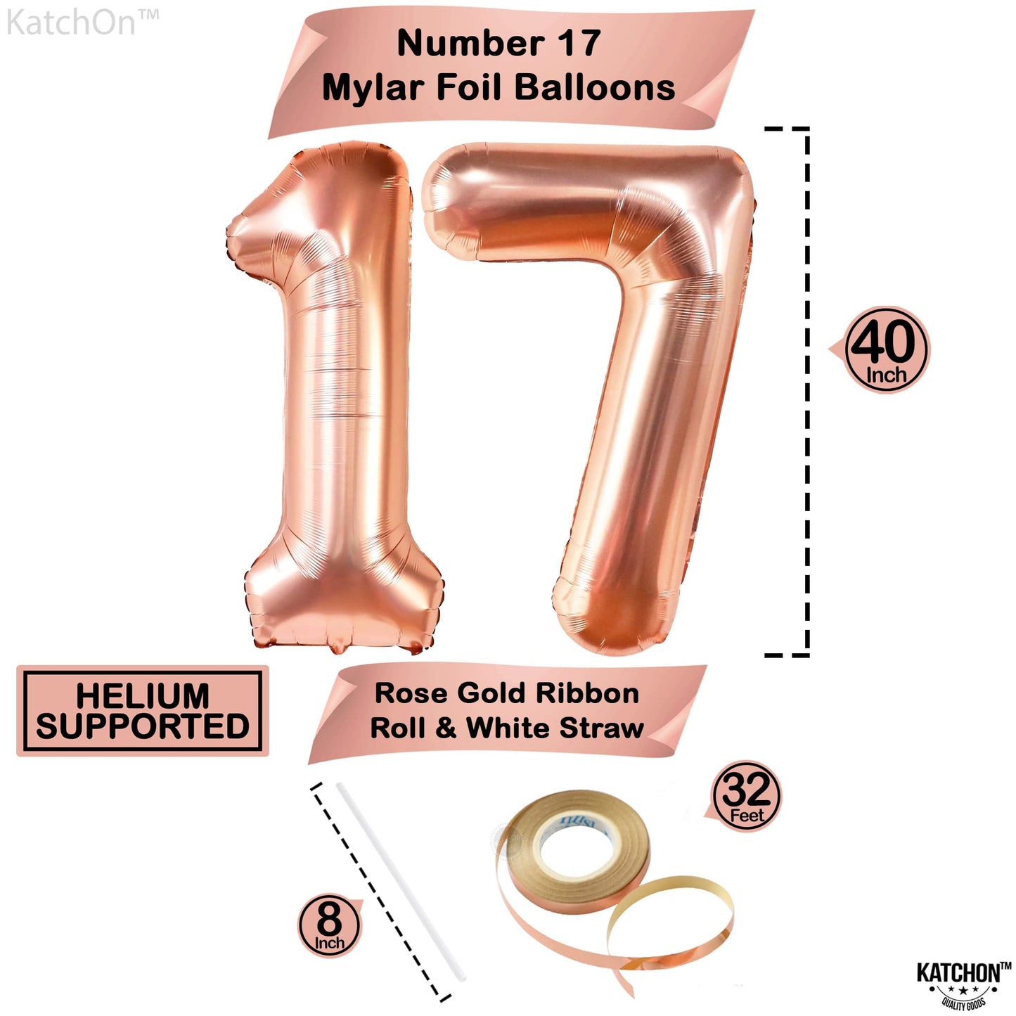 Giant, Rose Gold 17 Balloon Numbers - 40 Inch | 17 Number Balloons For 17Th Birthday Decorations For Girls | 17 Balloons Numbers For Birthdays, Dancing Queen Party Decorations | 17Th Birthday Balloons