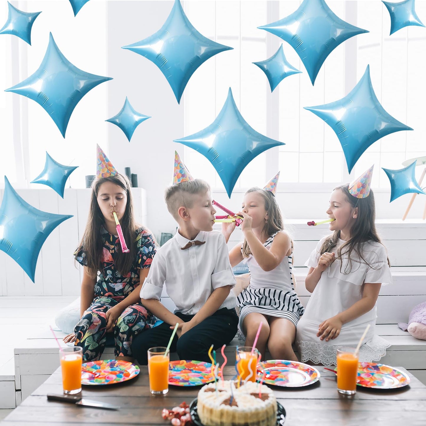 TONIFUL 30Pcs 26In&10In Star Balloons Large Blue Four Pointed Star Shape Foil Balloons Mini Star Mylar Balloons for Birthday Wed