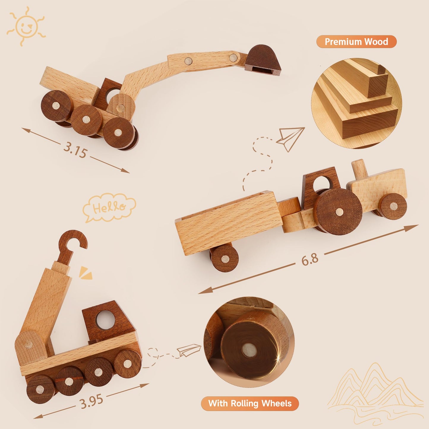 MONT PLEASANT Wooden Toy Construction Vehicle Set of 3  Toddler Montessori Toys Crane Tractor Trailer Excavator Toy Cars with Rolling Wheels  Kids Construction Toys Educational Gift for Boys and Girls
