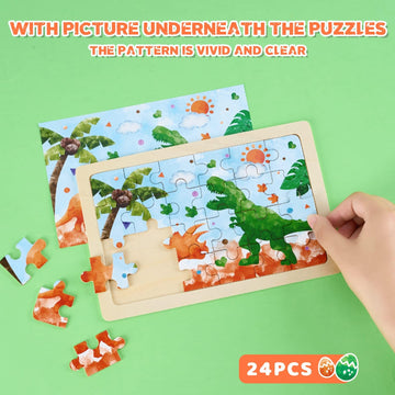 Wernnsai Dinosaur Wooden Jigsaw Puzzles - Preschool Educational Brain Teaser Boards 4 Packs With 24 Piece Dino Puzzles Toys Dino