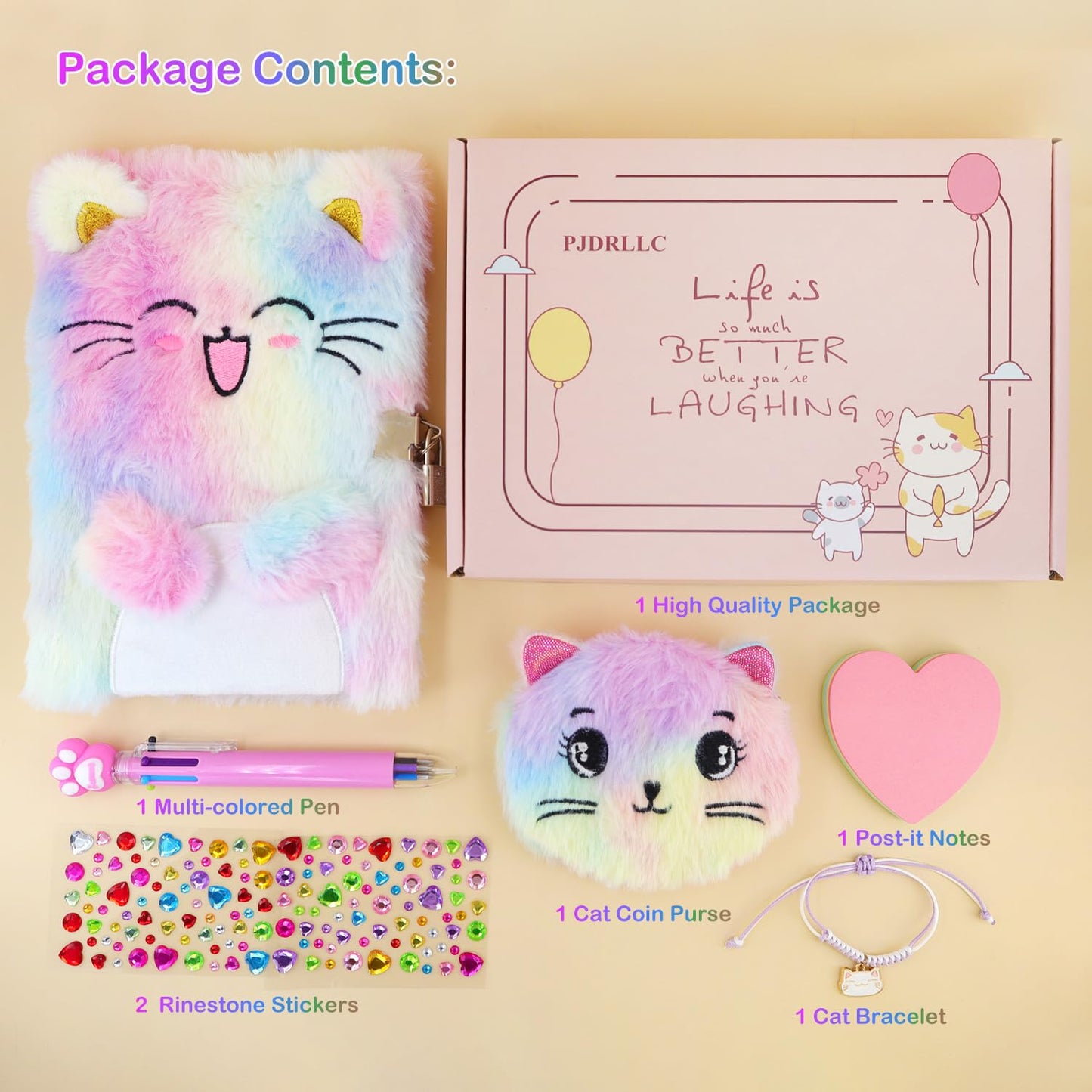 Cat Diary With Lock, Gift For 6 7 8 Year Old Girl, Secret Diary Journal Notebook With Coin Purse, Multicolored Pen, Post-It Note