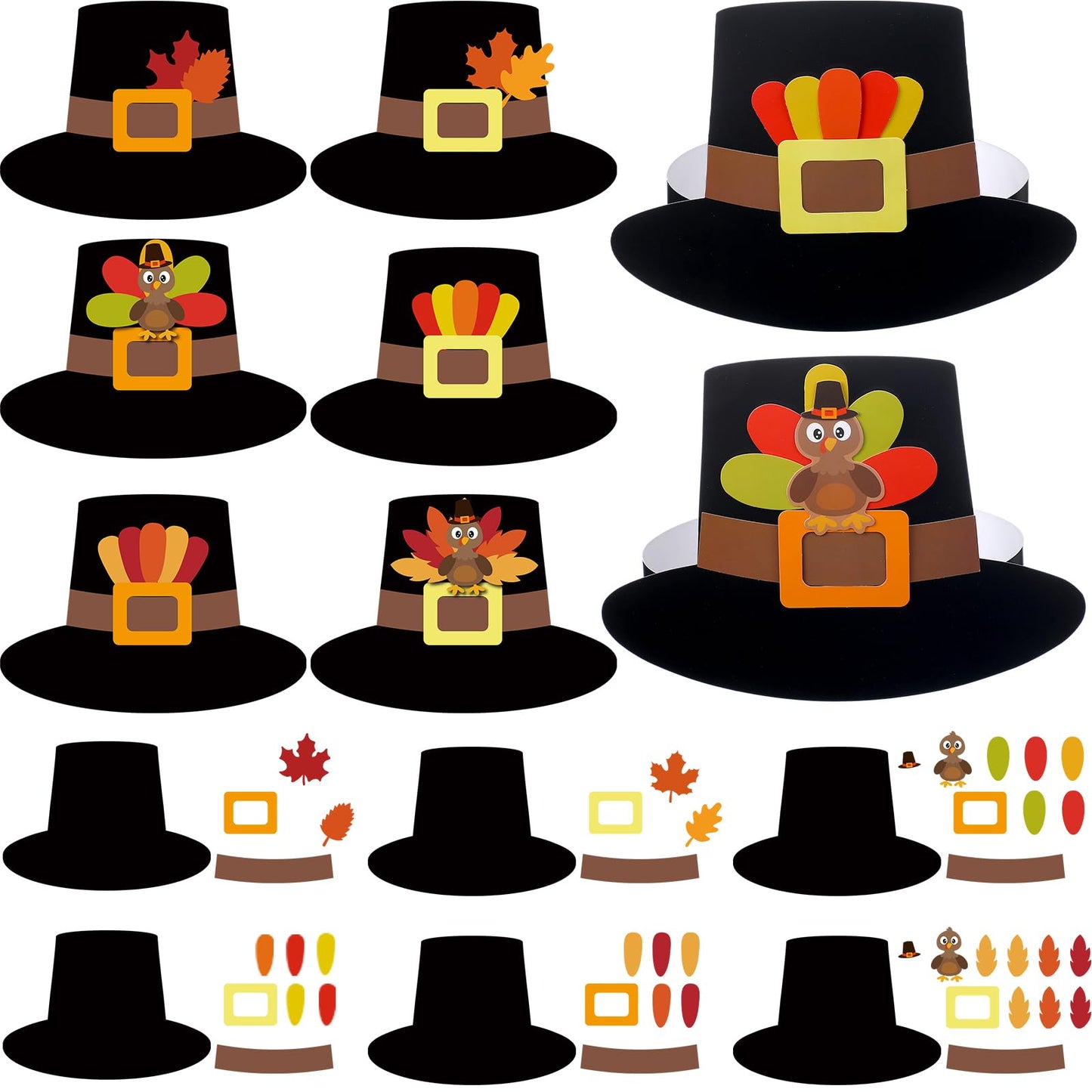 Jenaai 24 Pcs Pilgrim Hat Craft Kit with Turkey Decoration Thanksgiving Novelty Hats Autumn Handmade Fun Home Activity DIY Suppl