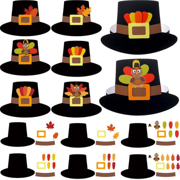 Jenaai 24 Pcs Pilgrim Hat Craft Kit with Turkey Decoration Thanksgiving Novelty Hats Autumn Handmade Fun Home Activity DIY Suppl