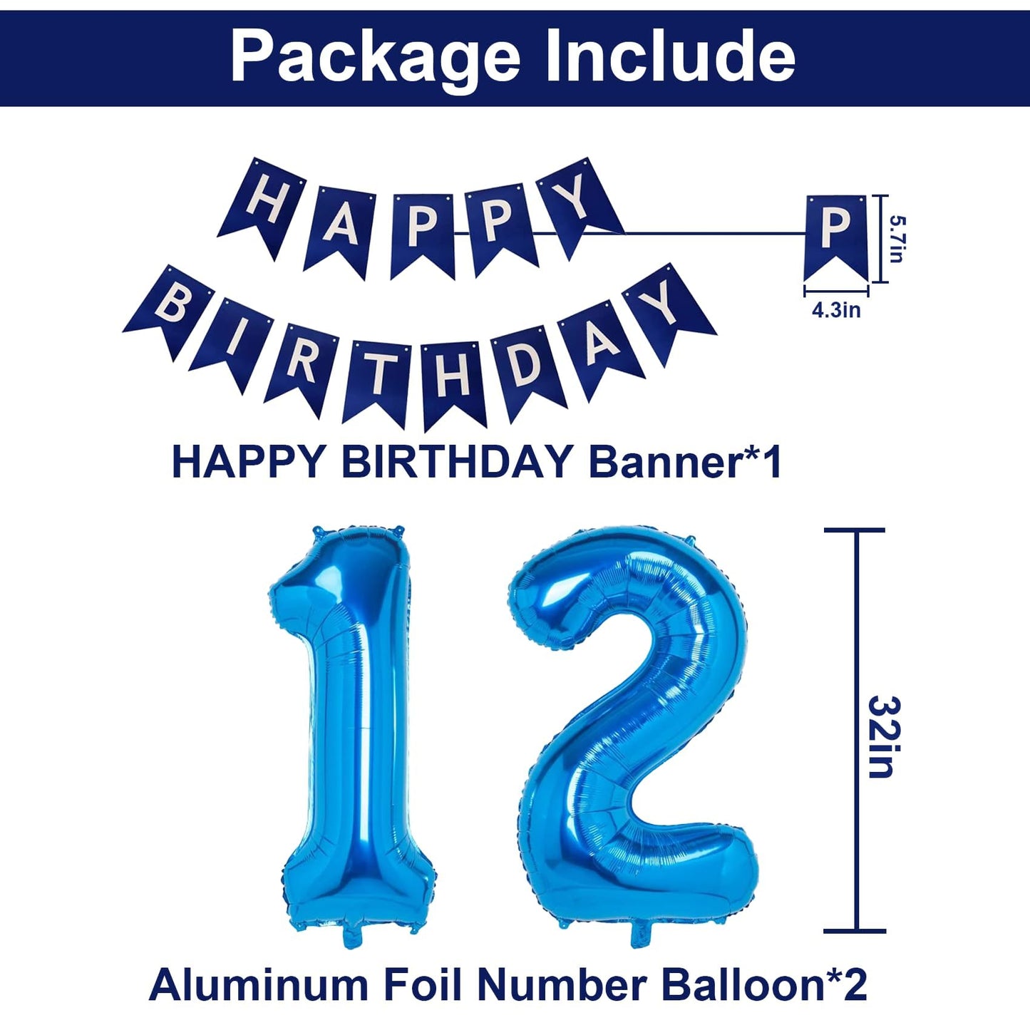 Naninuneno 12Th Blue Birthday Party Decorations For Boy Girl Men Women, Happy 12 Birthday Balloons Supplies With Happy Birthday