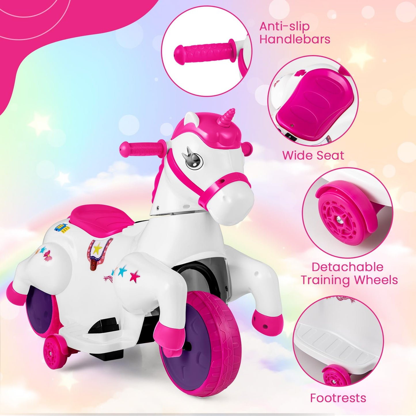 Honey Joy 12V Unicorn Ride On Toys, 3-Wheeler Battery Powered Motorized Ride On Horse W/Training Wheels, Music, Up & Down, Pony