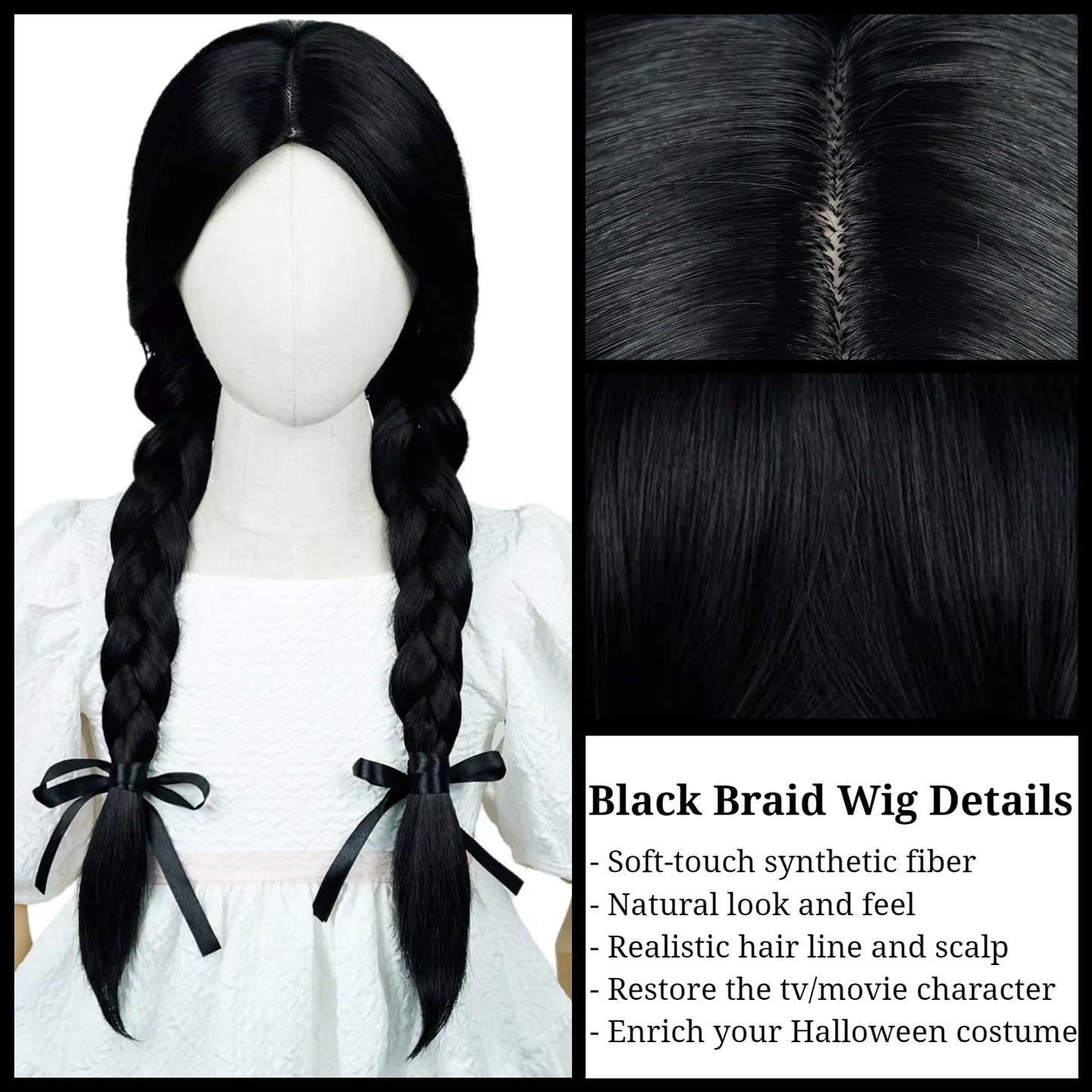 Black Braided Wig For Kids Girls Long Middle Part Kid'S Cosplay Wig Toddler Heat Resistant Synthetic Hair With Hairnet For Hallo